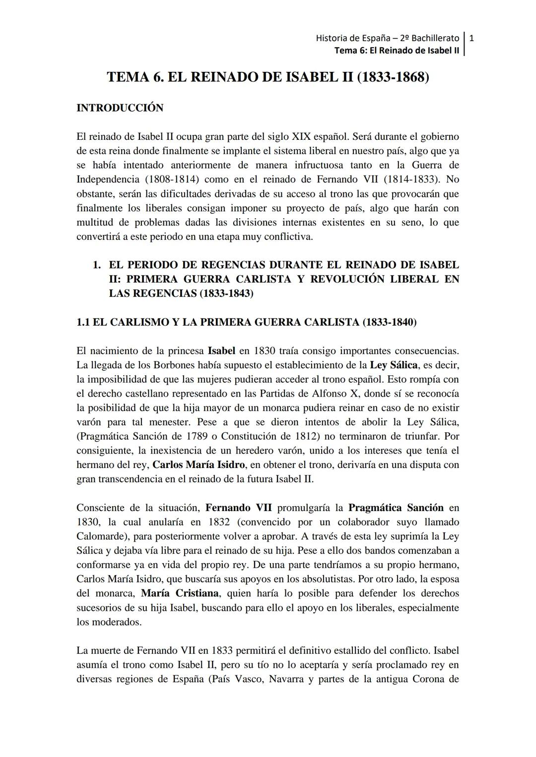--- OCR Start ---
Historia de España - 2º Bachillerato 1
Tema 6: El Reinado de Isabel II
TEMA 6. EL REINADO DE ISABEL II (1833-1868)
INTRODU