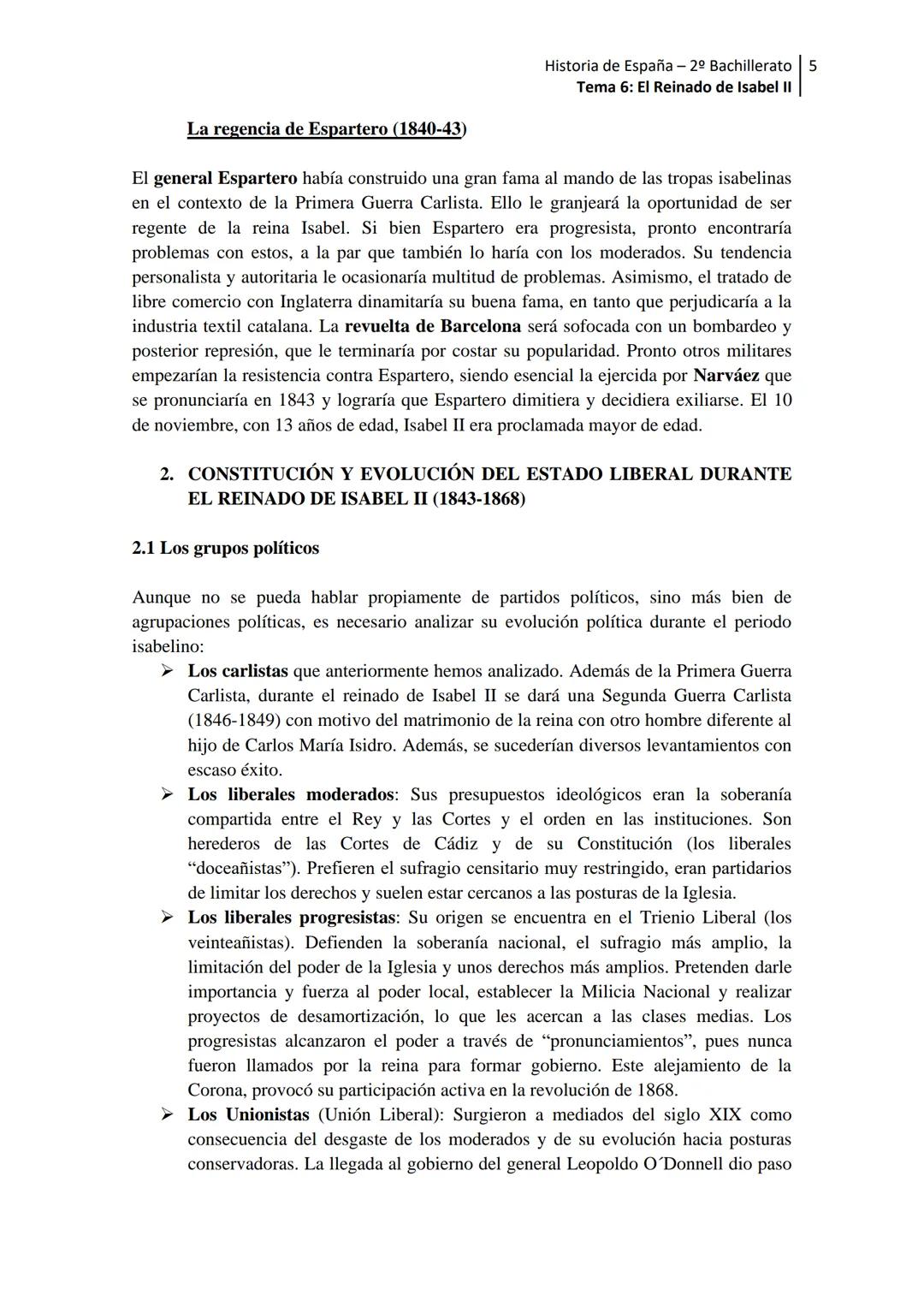 --- OCR Start ---
Historia de España - 2º Bachillerato 1
Tema 6: El Reinado de Isabel II
TEMA 6. EL REINADO DE ISABEL II (1833-1868)
INTRODU