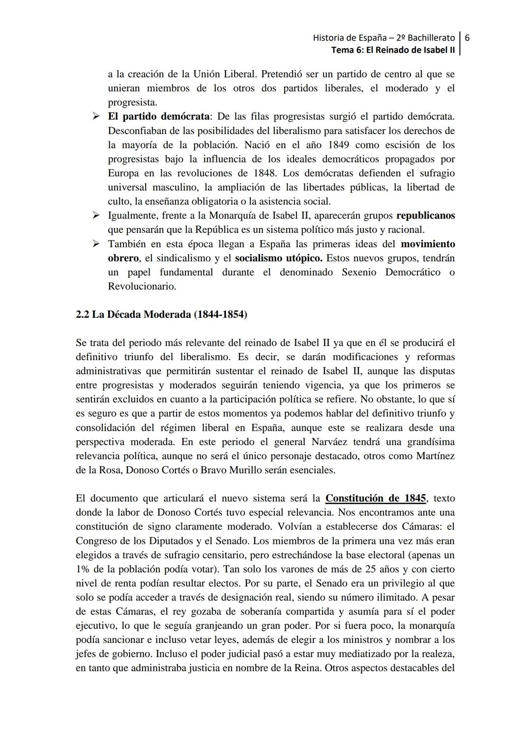 --- OCR Start ---
Historia de España - 2º Bachillerato 1
Tema 6: El Reinado de Isabel II
TEMA 6. EL REINADO DE ISABEL II (1833-1868)
INTRODU