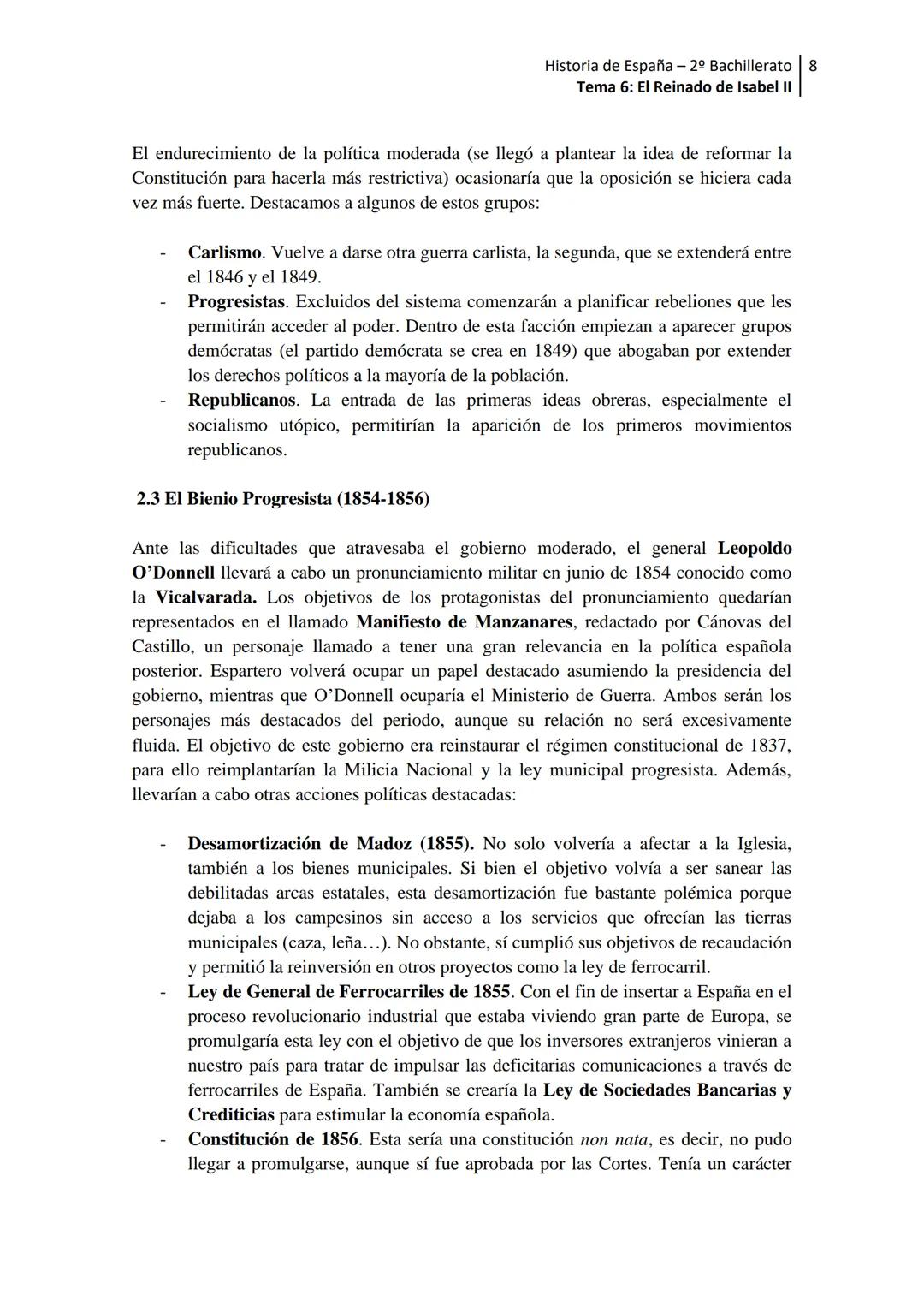 --- OCR Start ---
Historia de España - 2º Bachillerato 1
Tema 6: El Reinado de Isabel II
TEMA 6. EL REINADO DE ISABEL II (1833-1868)
INTRODU