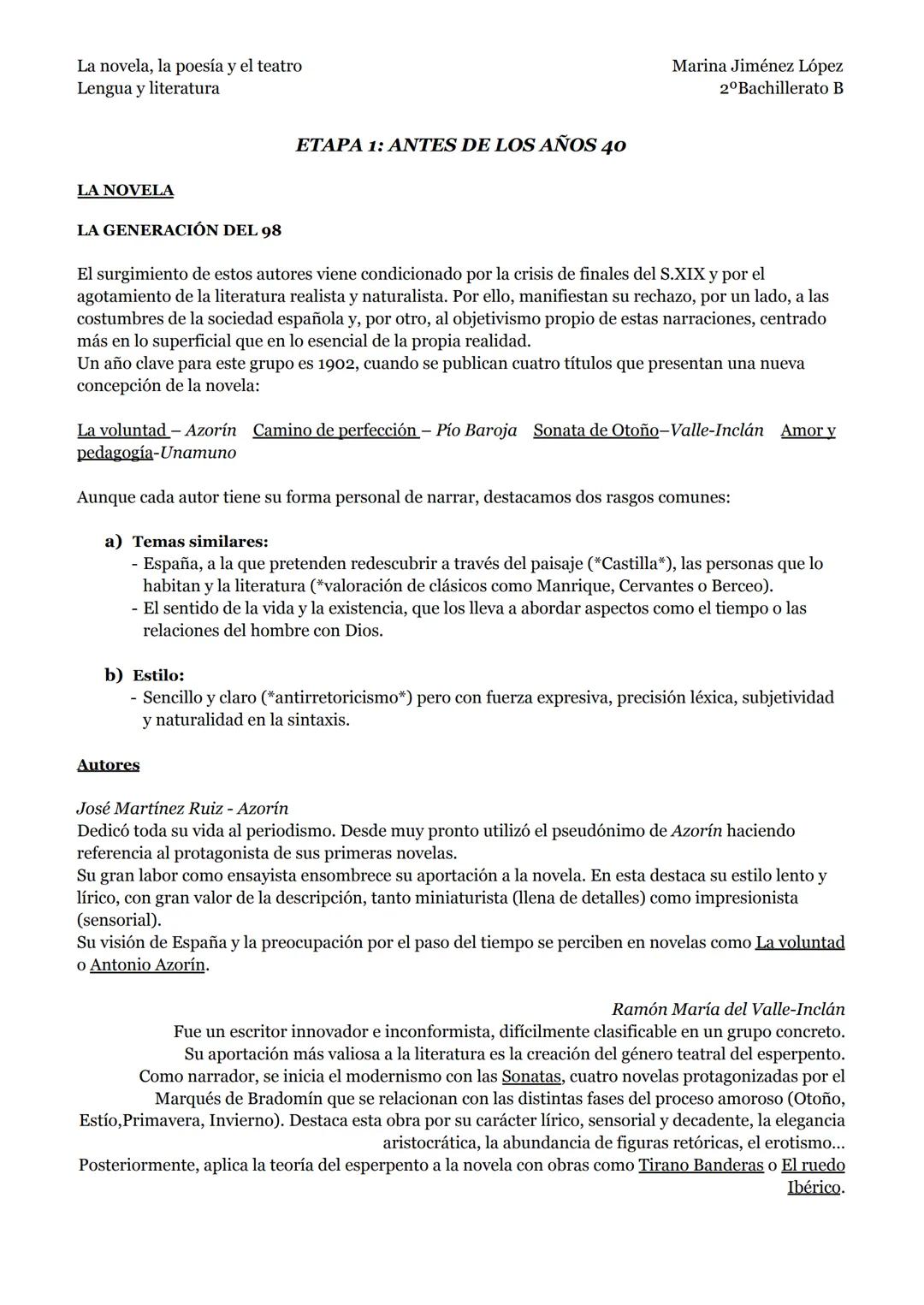 # APUNTES LITERATURA FINALES La novela, la poesía y el teatro
Lengua y literatura
ΕΤΑΡΑ 1: ANTES DE LOS AÑOS 40
Marina Jiménez López
2º Bach