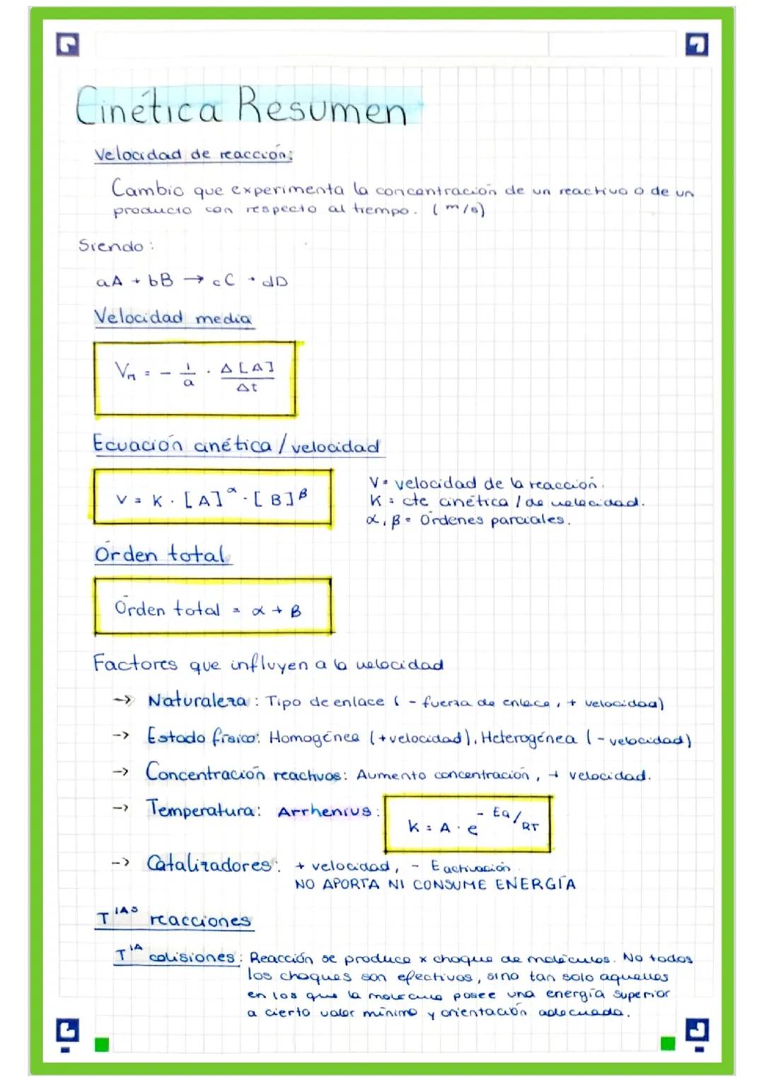 # Cinética Resumen
Velocidad de reacción:
Cambio que experimenta la concentración de un reactivo o de un
producto con respecto al tiempo.