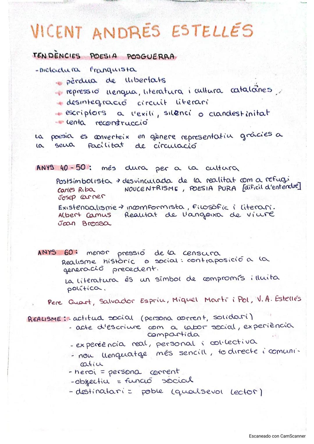 --- OCR Start ---
VICENT ANDRES ESTELLES
TENDÈNCIES POESIA POSGUERRA
-Dictadura franquista
pèrdua de llibertats.
→repressió llengua, literat