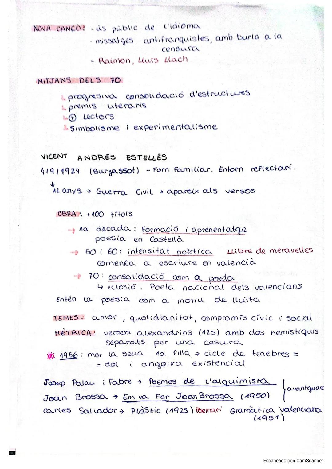 --- OCR Start ---
VICENT ANDRES ESTELLES
TENDÈNCIES POESIA POSGUERRA
-Dictadura franquista
pèrdua de llibertats.
→repressió llengua, literat