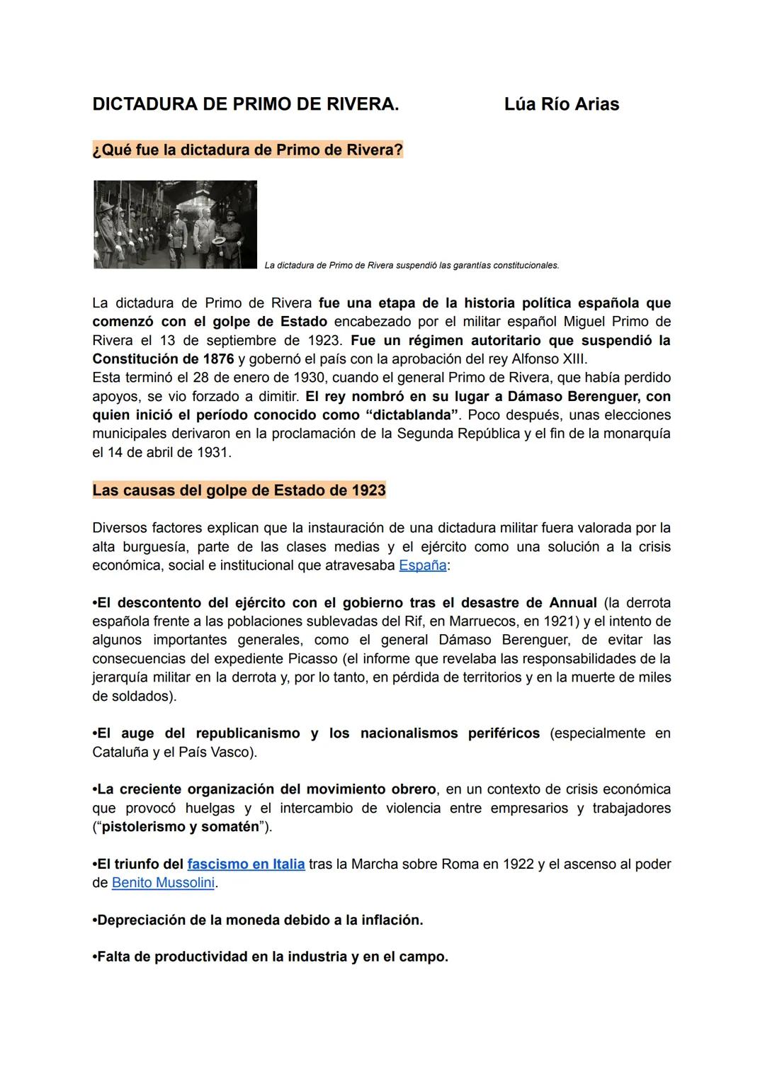 # DICTADURA DE PRIMO DE RIVERA.
Lúa Río Arias
¿Qué fue la dictadura de Primo de Rivera?
La dictadura de Primo de Rivera suspendió las gar