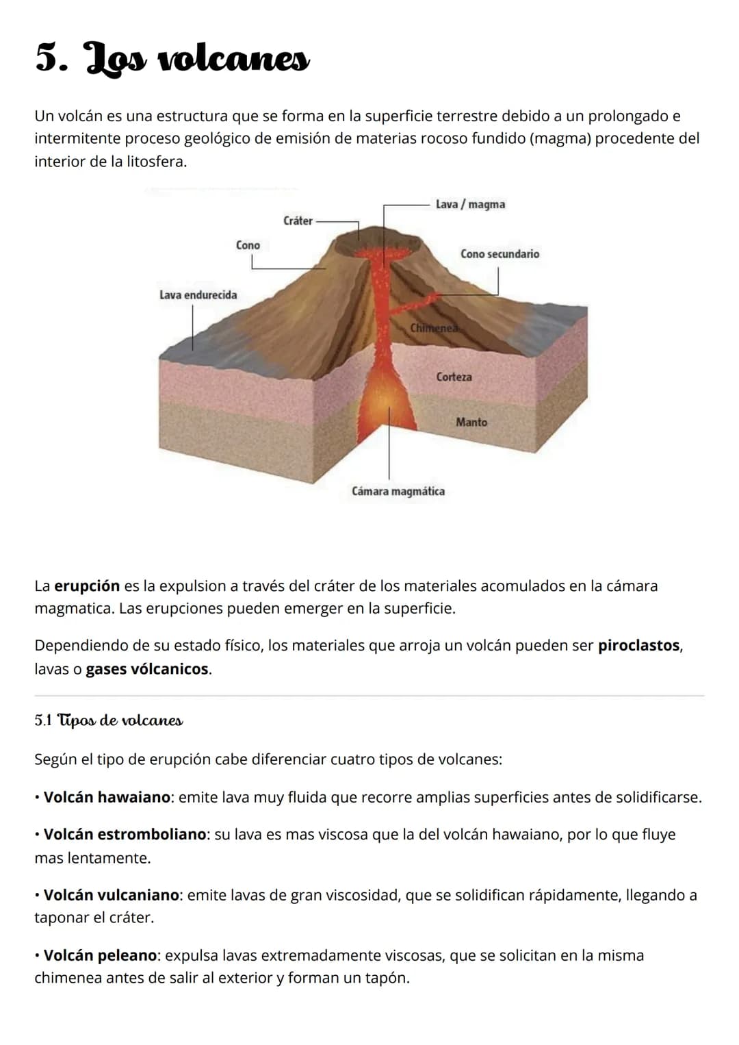 # 5. Los volcanes
Un volcán es una estructura que se forma en la superficie terrestre debido a un prolongado e
intermitente proceso geológi