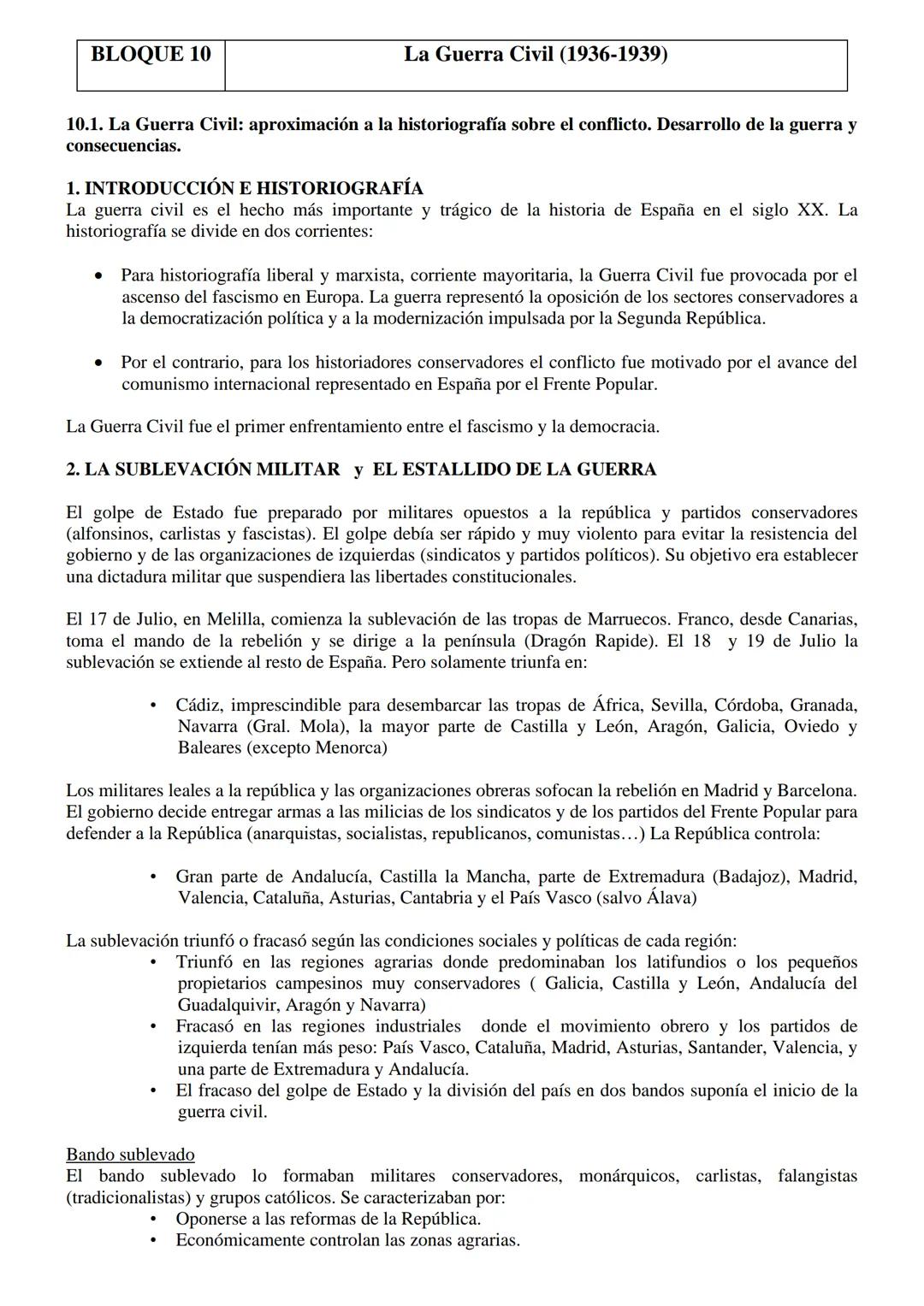 # BLOQUE 10
La Guerra Civil (1936-1939)
10.1. La Guerra Civil: aproximación a la historiografía sobre el conflicto. Desarrollo de la guerr