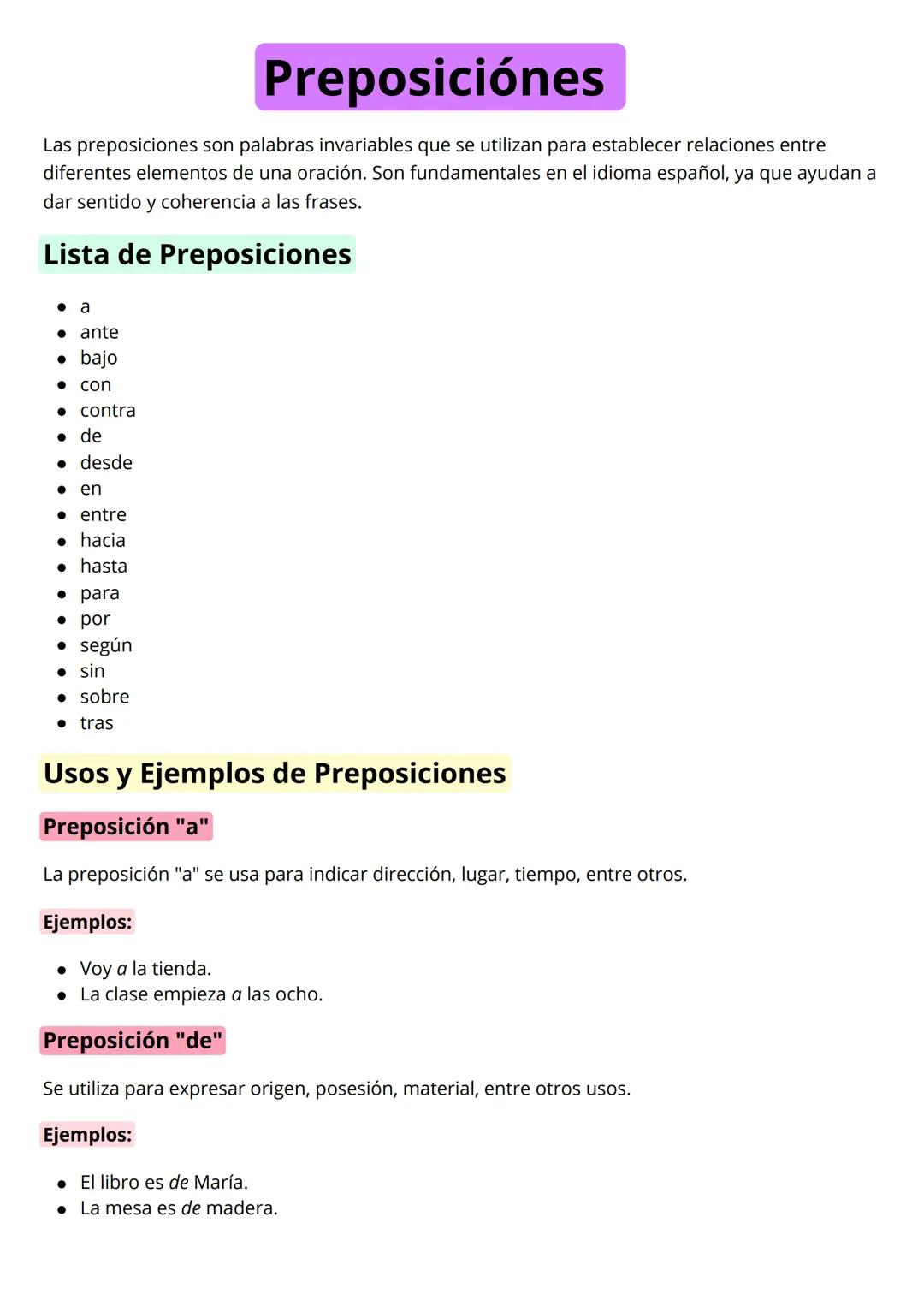 # Preposiciónes
Las preposiciones son palabras invariables que se utilizan para establecer relaciones entre
diferentes elementos de una ora