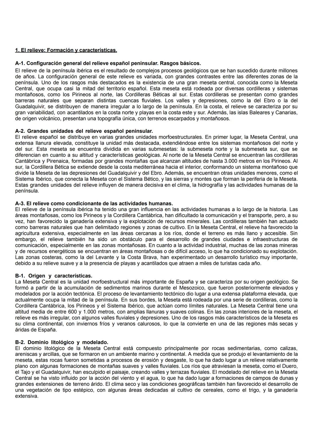 # 1. El relieve: Formación y características.
## A-1. Configuración general del relieve español peninsular. Rasgos básicos.
El relieve de l