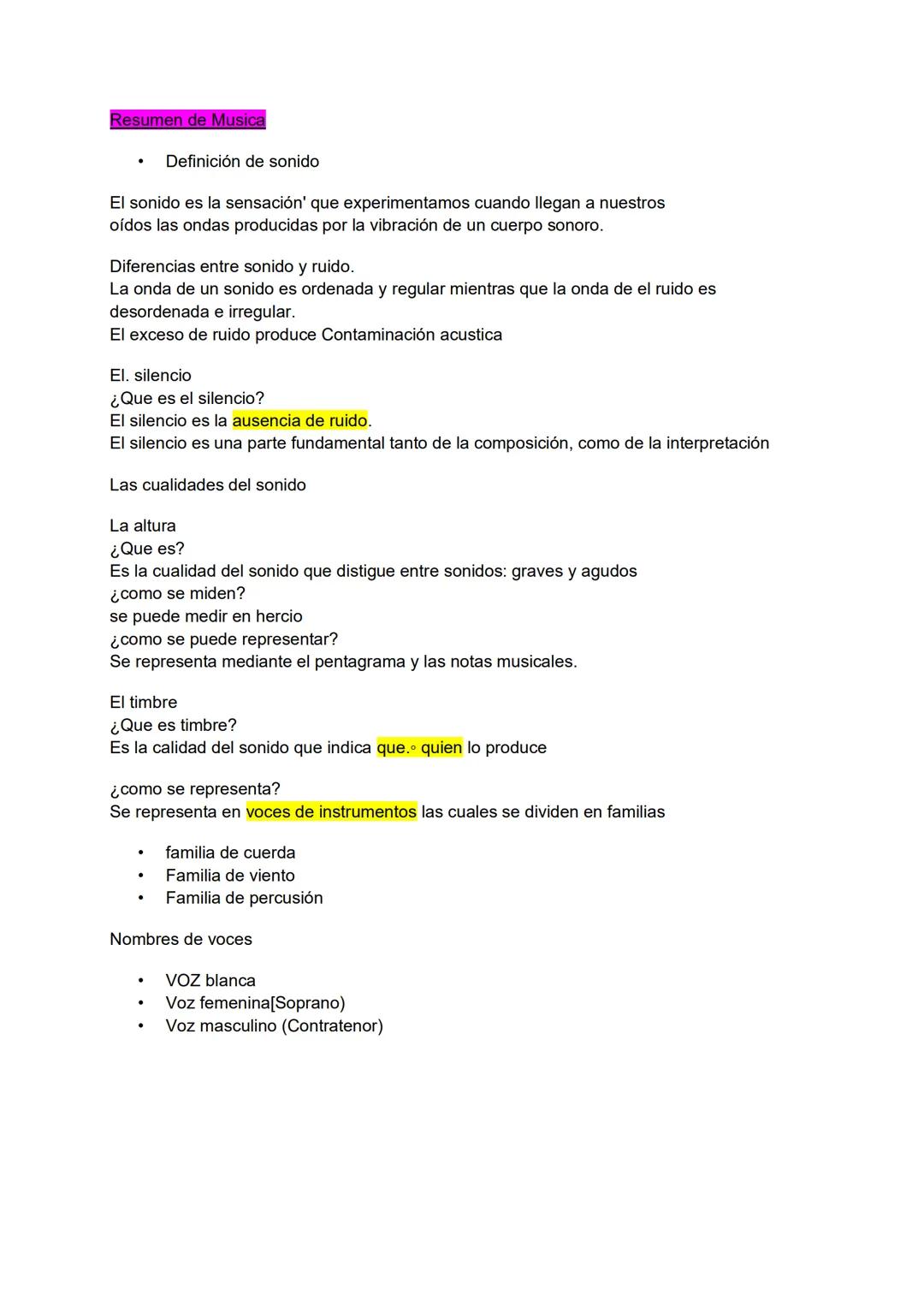 Resumen de Musica
Definición de sonido
El sonido es la sensación' que experimentamos cuando llegan a nuestros
oídos las ondas producidas p