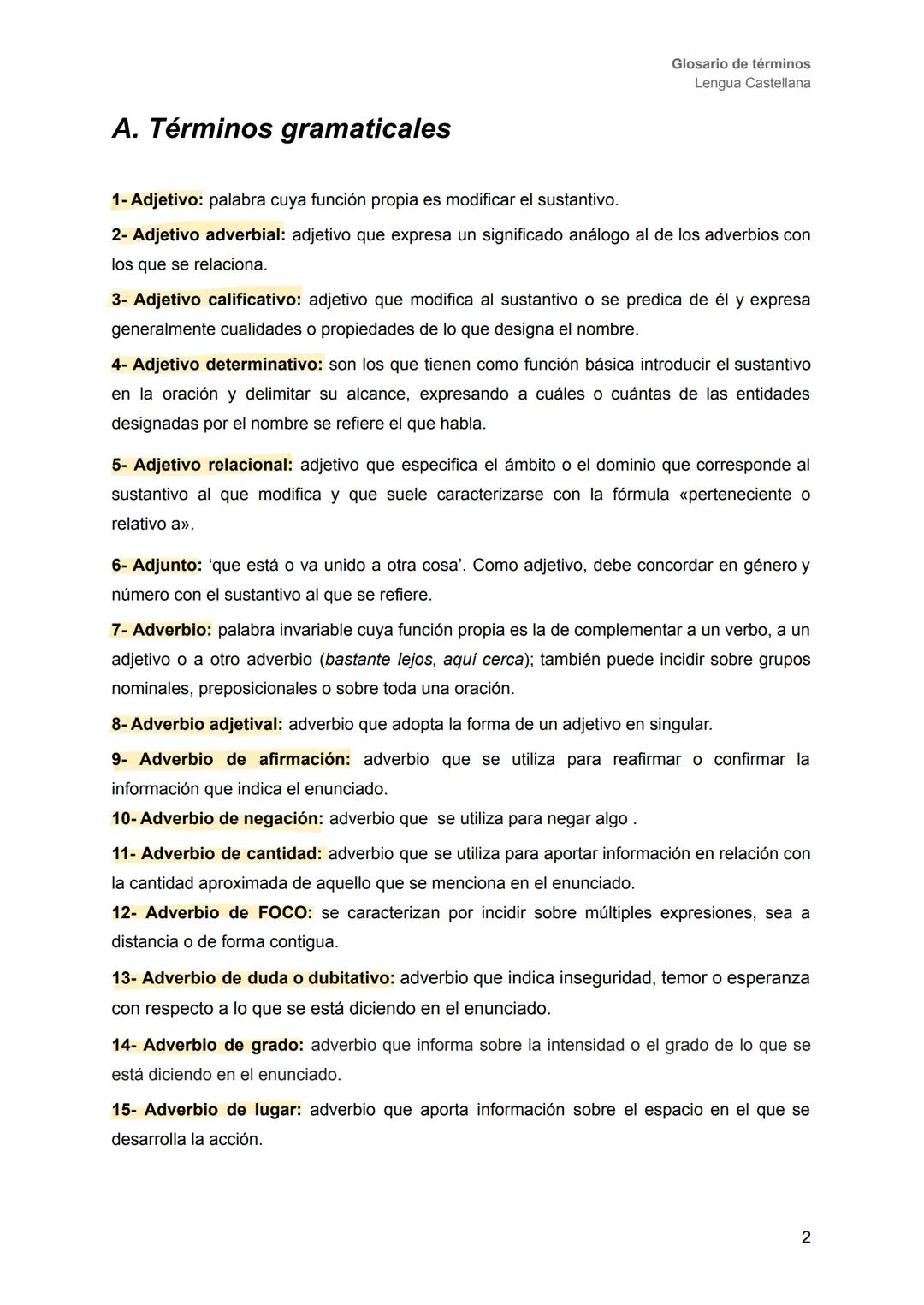 LENGUA CASTELLANA
# GLOSARIO ÍNDICE
Glosario de términos
Lengua Castellana
A- Términos gramaticales................................pág. 2-1