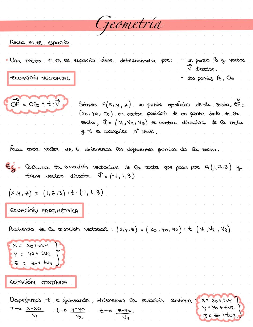 --- OCR Start ---
Geometría
Recta en ee espacio
• Una recta renee espacio viene determinada por:
ECUACIÓN VECTORIAL
OP
= Opo + t
un ponto P