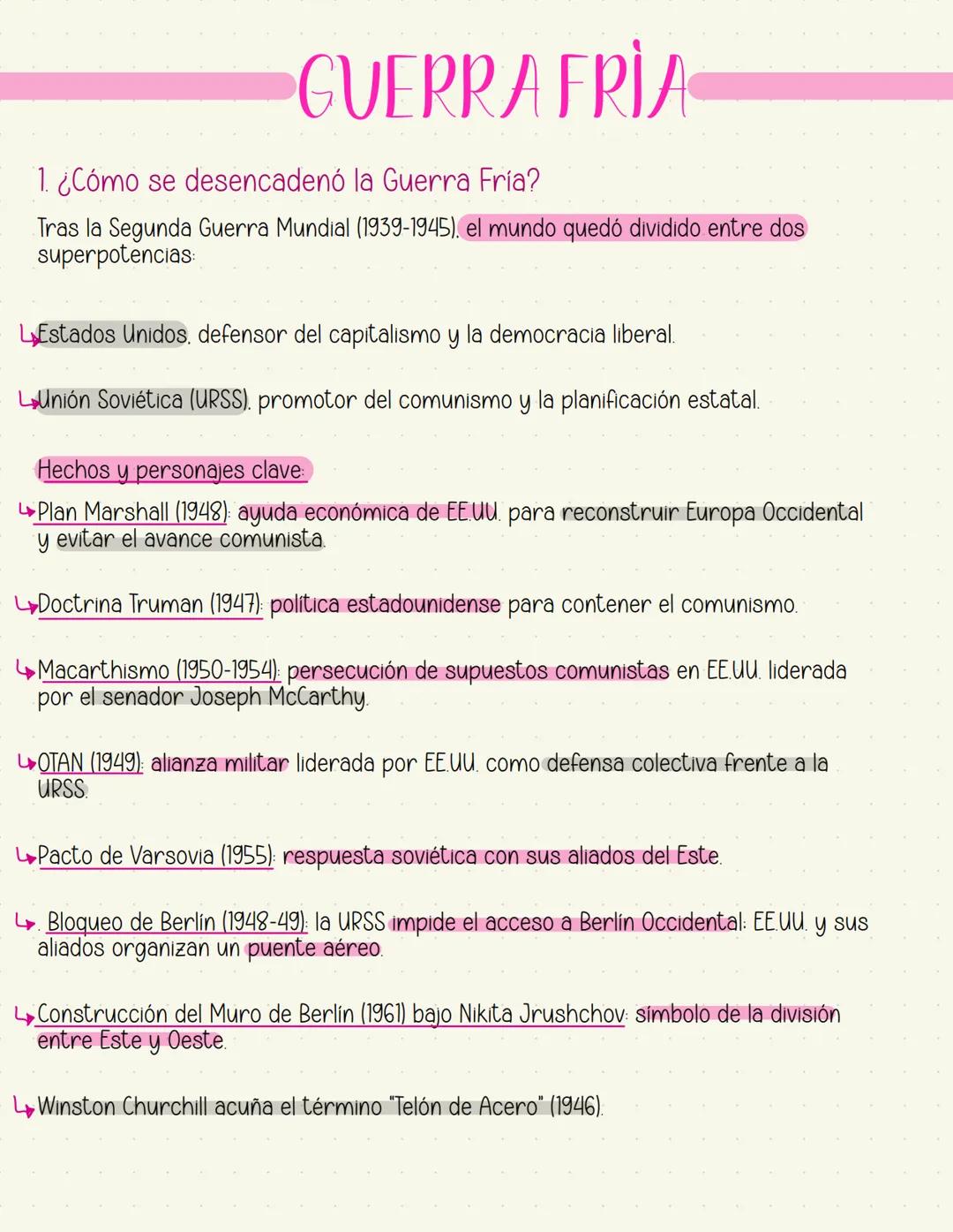 GUERRA FRIA
1. ¿Cómo se desencadenó la Guerra Fría?
Tras la Segunda Guerra Mundial (1939-1945), el mundo quedó dividido entre dos
superpoten