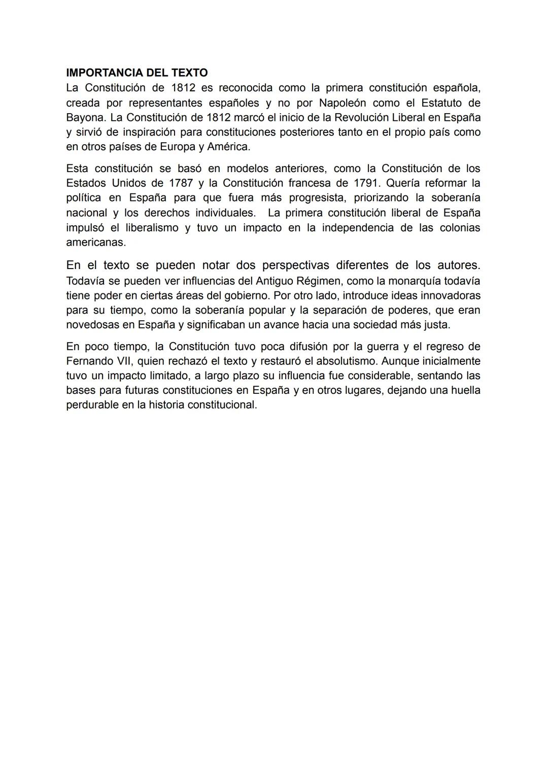 TEXTO 1: CONSTITUCIÓN DE CÁDIZ (19-03-1812)
El texto se titula "Constitución de Cádiz" y la fecha del documento es el 19 de marzo de
1812, d