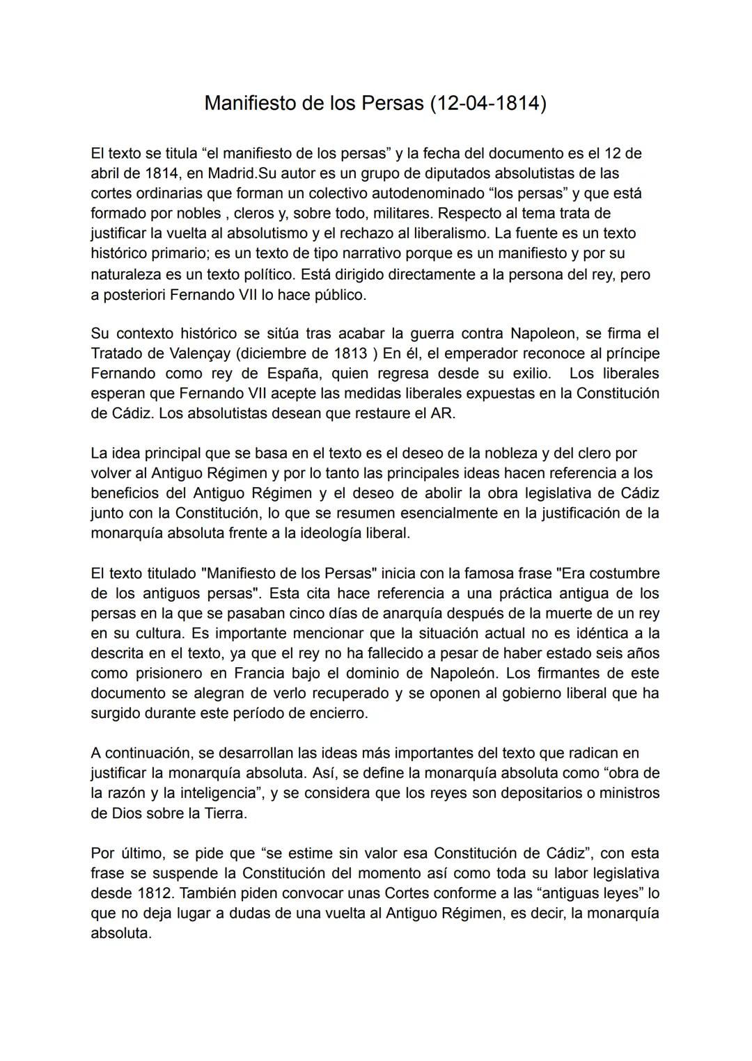 Manifiesto de los Persas (12-04-1814)
El texto se titula "el manifiesto de los persas" y la fecha del documento es el 12 de
abril de 1814, e