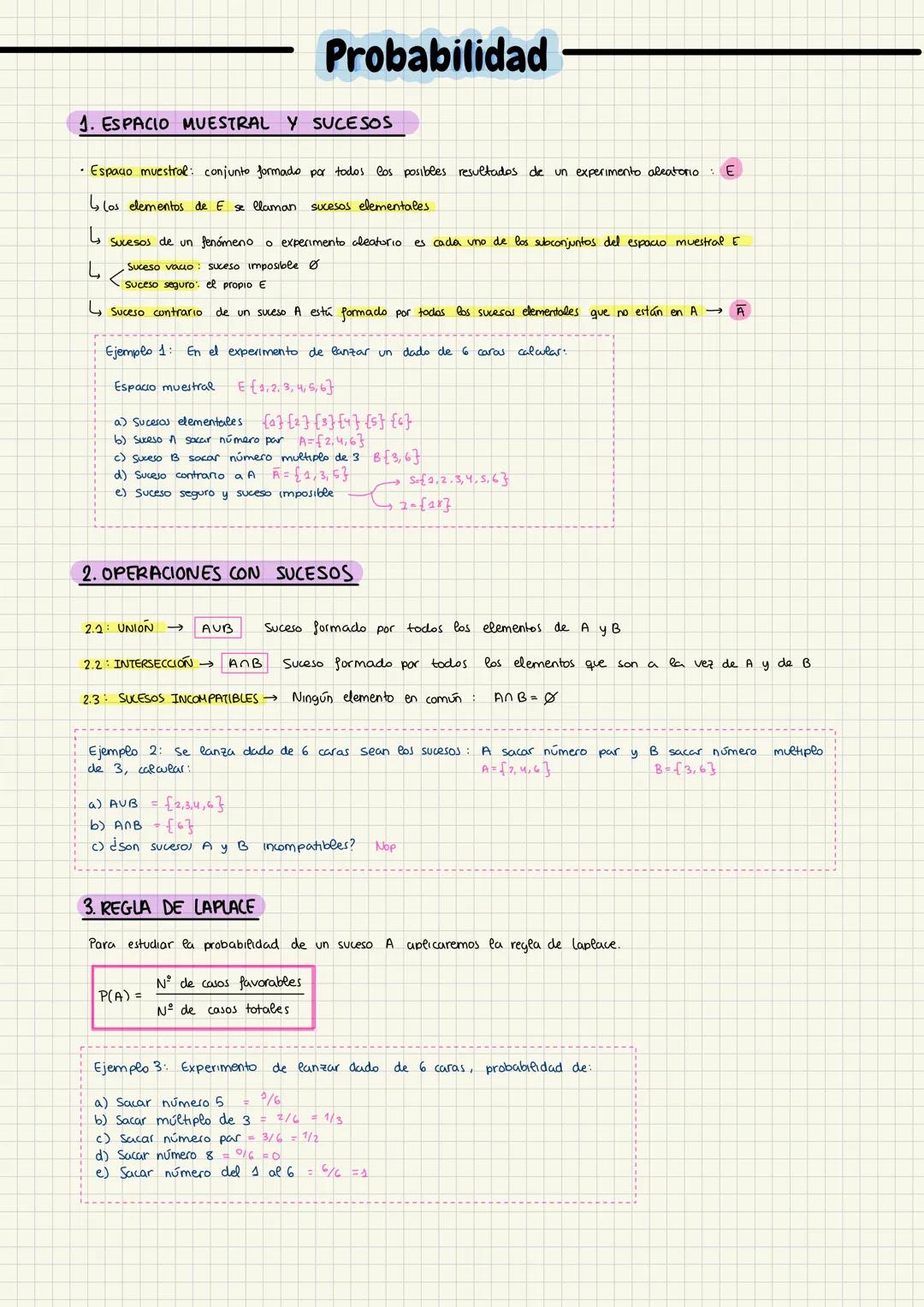 Probabilidad
1. ESPACIO MUESTRAL Y SUCESOS
Espaço muestral: conjunto formado por todos los posibles resultados de un experimento aleatorio
L