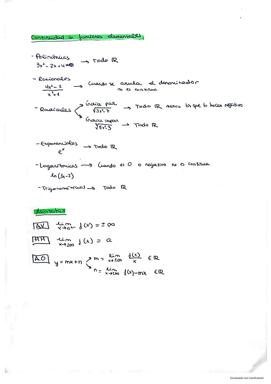 ## LÍMITES Y CONTINUIDAD
### Continuidad
- Si $\lim_{x \to a} f(x) = \lim_{x \to a^+} f(x) = f(a) \implies f(x)$ es continua en a
- Si $\