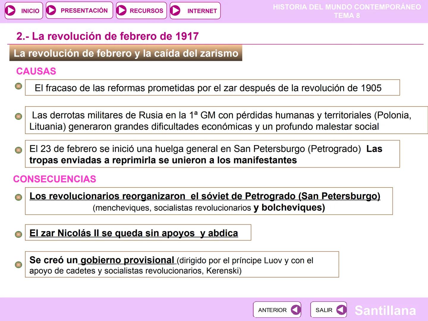 INICIO
PRESENTACIÓN
RECURSOS
INTERNET
La Revolución
8
Rusa y la URSS
HISTORIA DEL MUNDO CONTEMPORÁNEO
TEMA 8
PARA COMENZAR
PRESENTACIÓN
RECU