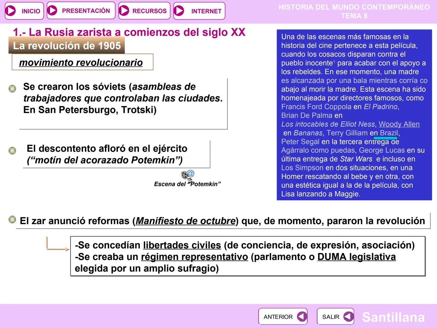 INICIO
PRESENTACIÓN
RECURSOS
INTERNET
La Revolución
8
Rusa y la URSS
HISTORIA DEL MUNDO CONTEMPORÁNEO
TEMA 8
PARA COMENZAR
PRESENTACIÓN
RECU