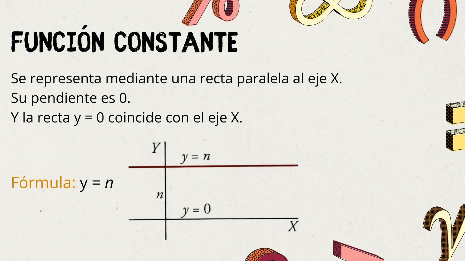 # FUNCIONES LINEALES Y
# CUADRÁTICAS FUNCIÓN LINEAL
Su representación es
una recta de pendiente
m que corta al eje Y en
el punto (0, n). Ya