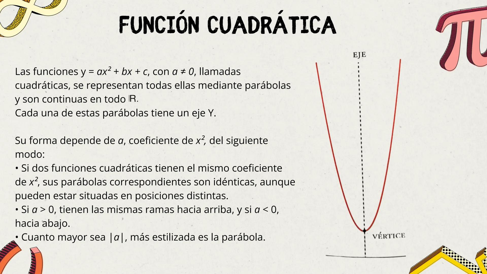 # FUNCIONES LINEALES Y
# CUADRÁTICAS FUNCIÓN LINEAL
Su representación es
una recta de pendiente
m que corta al eje Y en
el punto (0, n). Ya