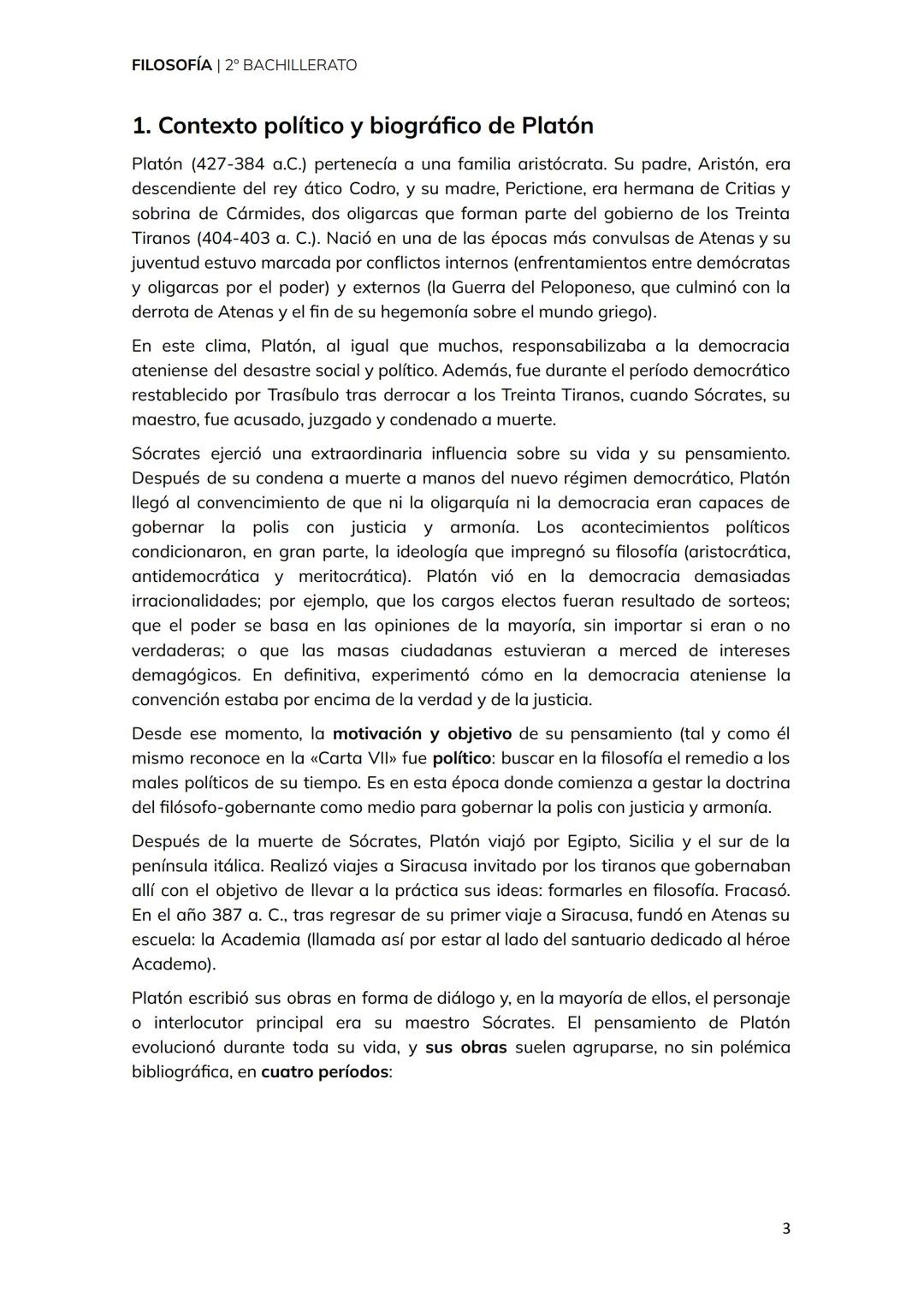# FILOSOFÍA | 2º BACHILLERATO
# TEMA 3
Platón
1 FILOSOFÍA | 2º BACHILLERATO
1. Contexto político y biográfico de Platón
2. Las influencia