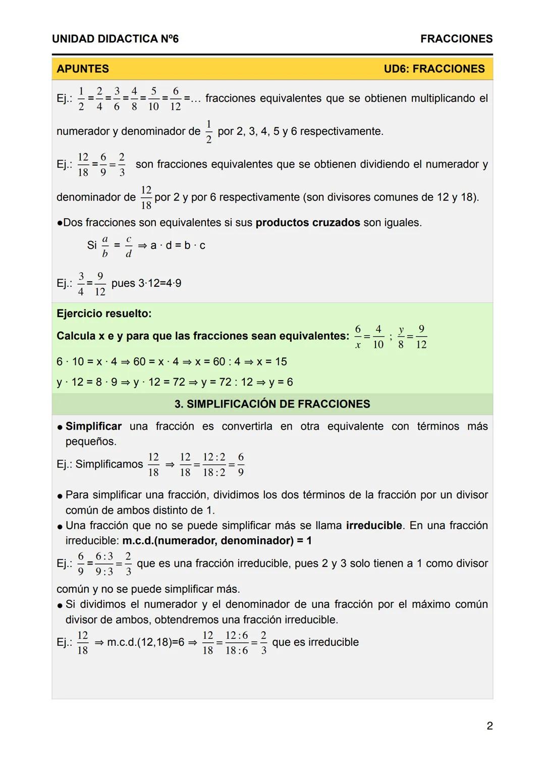 UNIDAD DIDACTICA N°6
FRACCIONES
APUNTES
1. EL SIGNIFICADO DE LAS FRACCIONES
UD6: FRACCIONES
• Una fracción expresa las partes de un todo. El