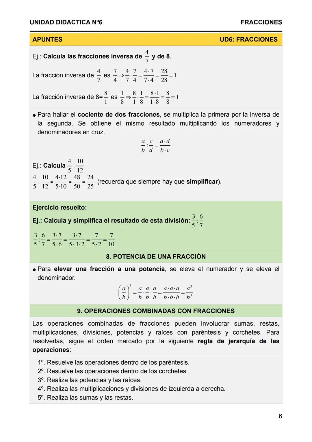UNIDAD DIDACTICA N°6
FRACCIONES
APUNTES
1. EL SIGNIFICADO DE LAS FRACCIONES
UD6: FRACCIONES
• Una fracción expresa las partes de un todo. El