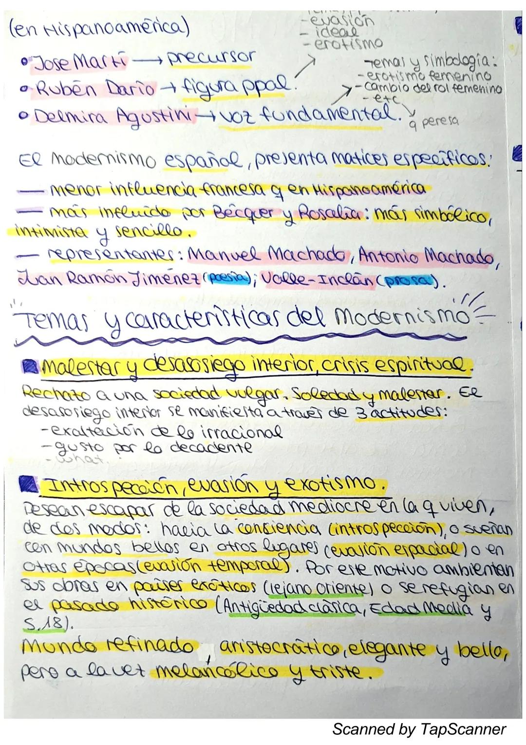 --- OCR Start ---
✓
MODERNISMO
Es un movimiento literario hispano que surge a finaler
del s.19 y se extiende hasta la 2a década del s.20
(al