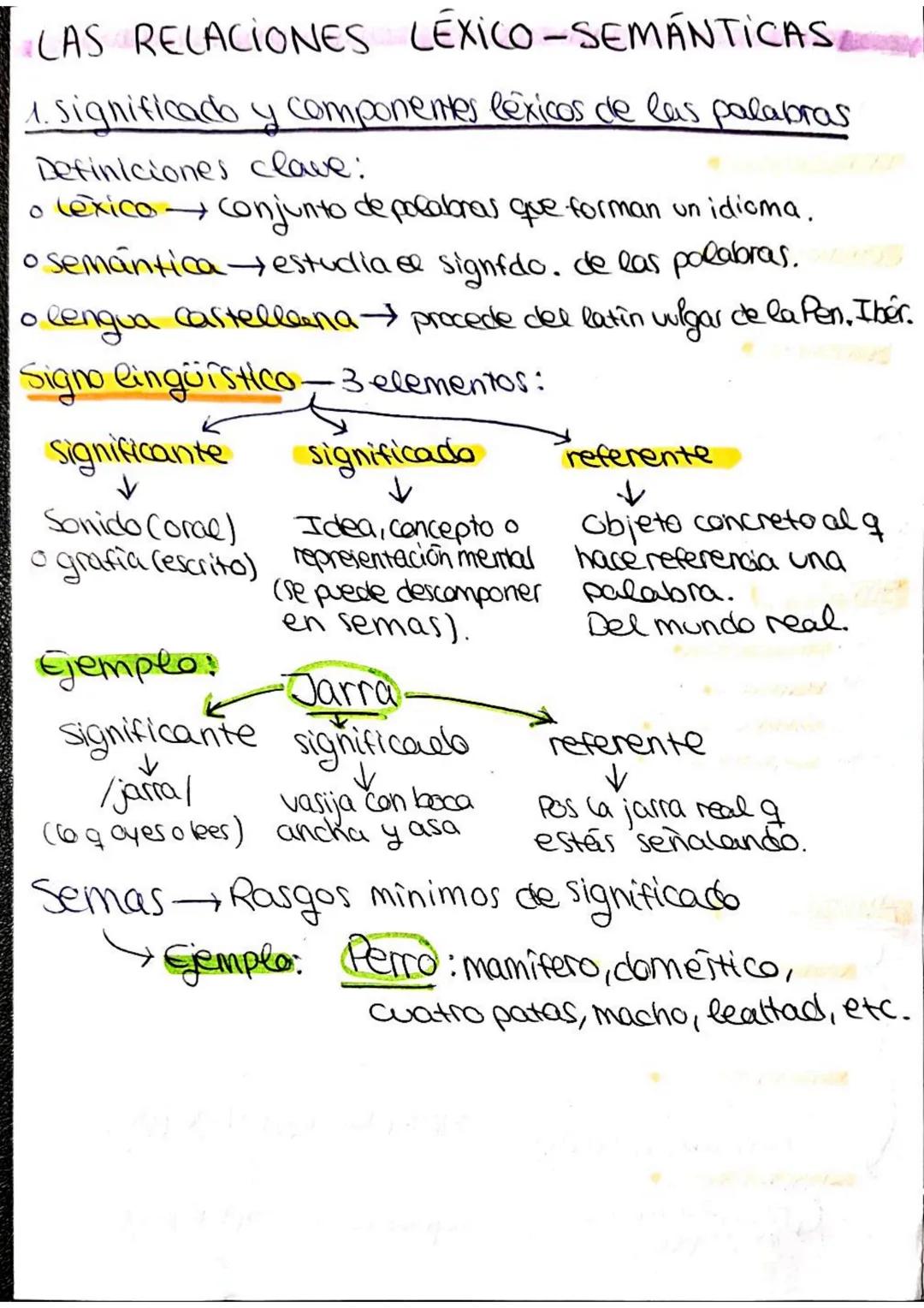 LAS RELACIONES LÉXICO-SEMÁNTICAS
1. significado y componentes léxicos de las palabras
Definiciones clave:
• lexico conjunto de palabras que