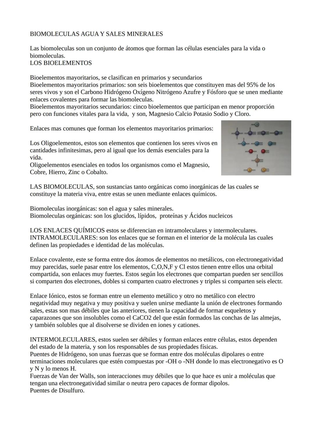 BIOMOLECULAS AGUA Y SALES MINERALES
Las biomoleculas son un conjunto de átomos que forman las células esenciales para la vida o
biomoleculas