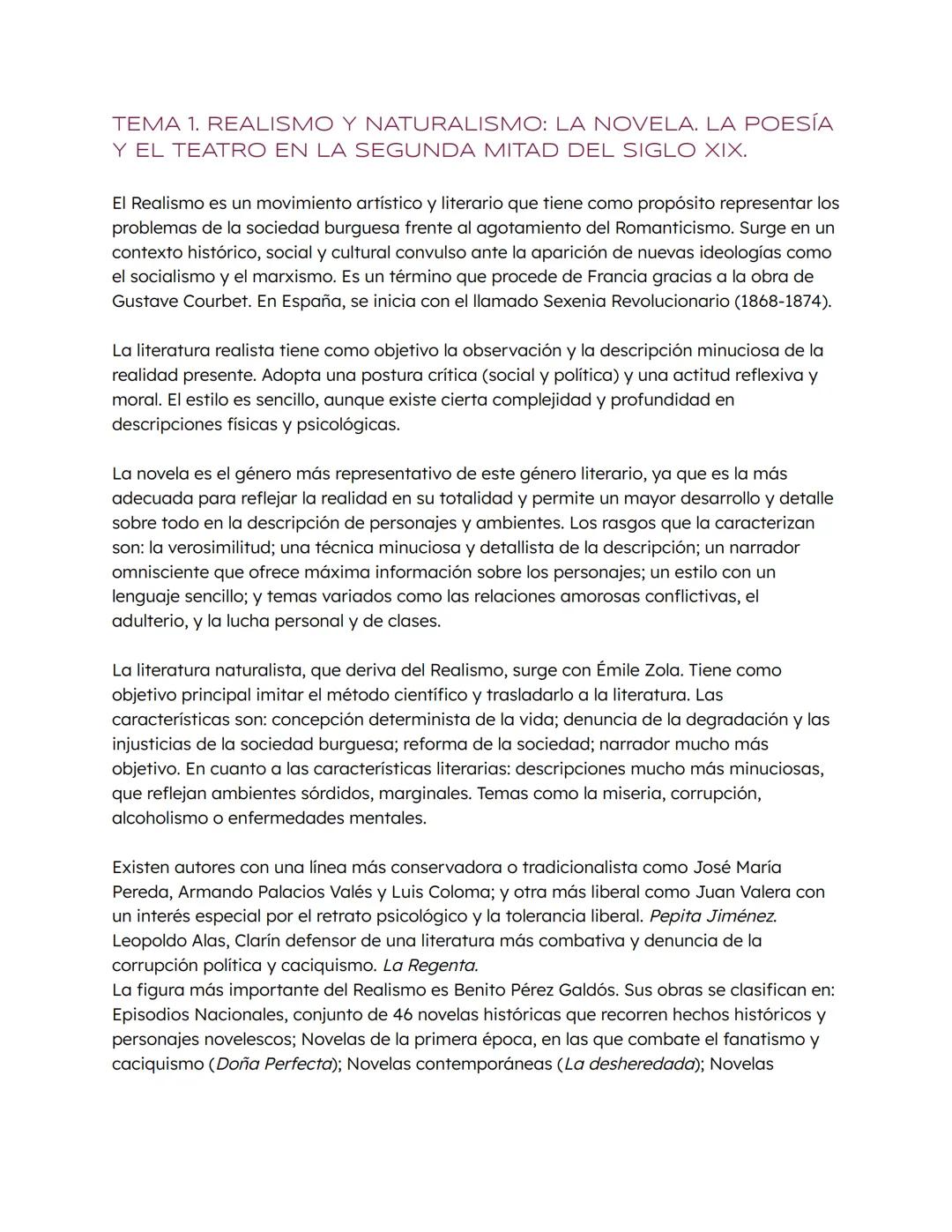 TEMA 1. REALISMO Y NATURALISMO: LA NOVELA. LA POESÍA
Y EL TEATRO EN LA SEGUNDA MITAD DEL SIGLO XIX.
El Realismo es un movimiento artístico y