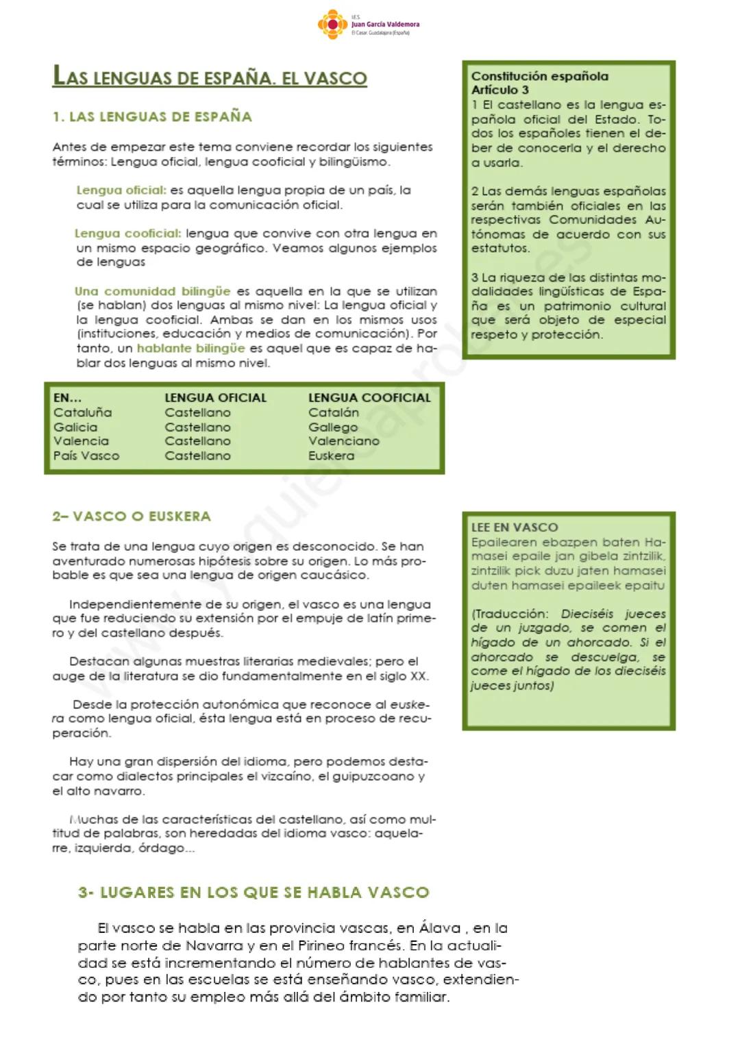 # LAS LENGUAS DE ESPAÑA
# EL CASTELLANO
## 1-LENGUA OFICIAL DEL TERRITORIO ESPAÑOL
El español es la lengua oficial nacional. Se utiliza e