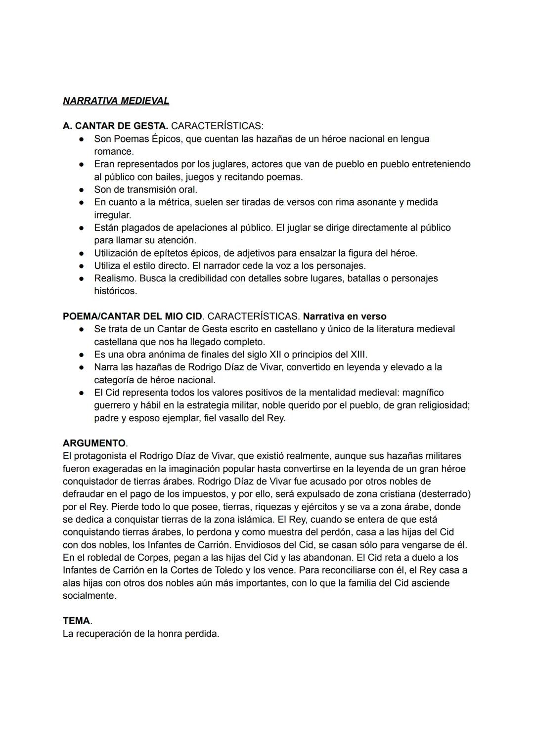 NARRATIVA MEDIEVAL
A. CANTAR DE GESTA. CARACTERÍSTICAS:
- Son Poemas Épicos, que cuentan las hazañas de un héroe nacional en lengua
romance.