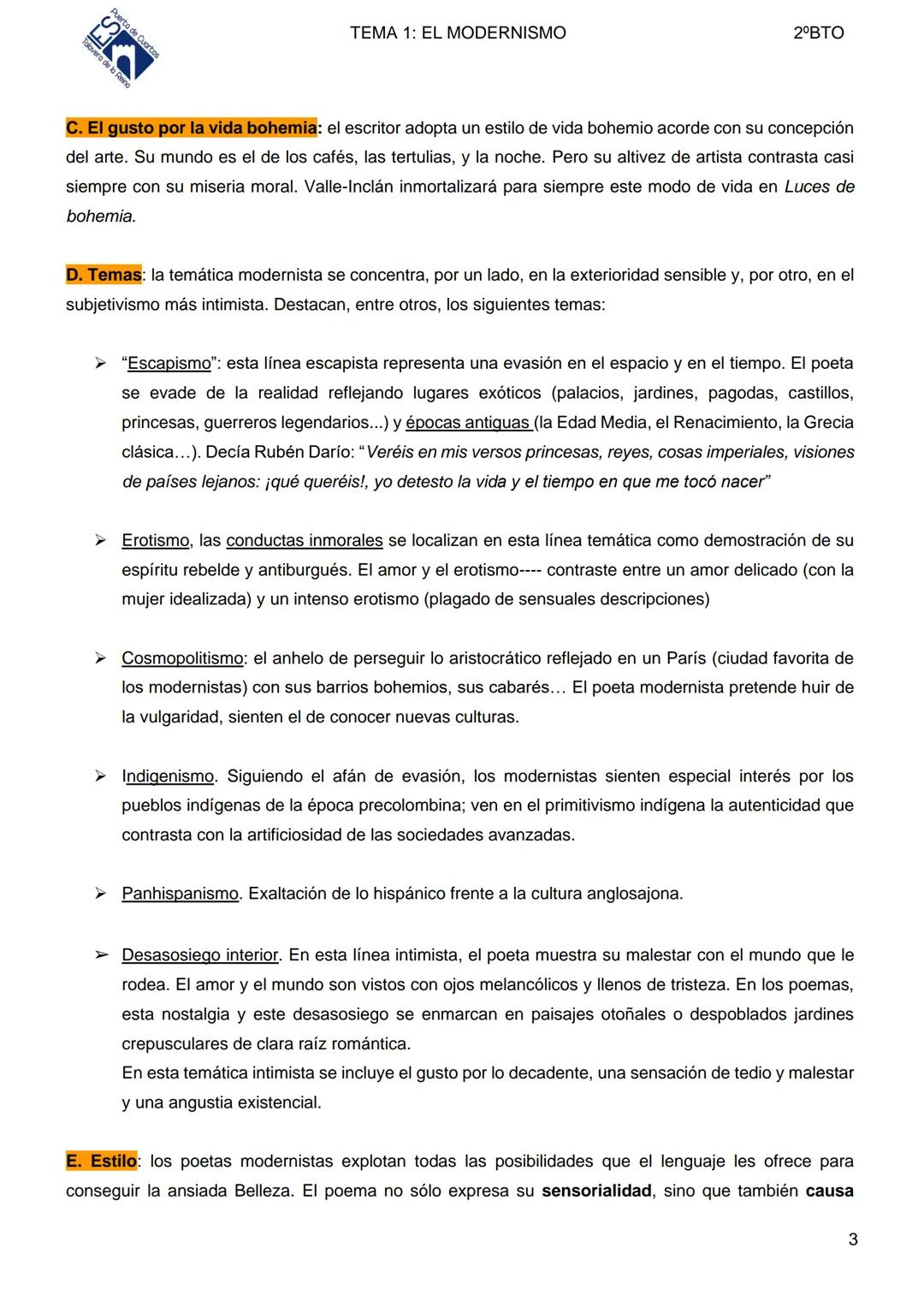 TEMA 1: EL MODERNISMO
2°BTO
TEMA 1: EL MODERNISMO. CARACTERÍSTICAS.
LA REPERCUSIÓN DE RUBÉN DARÍO Y EL MODERNISMO
EN ESPAÑA
1.1. EL MODERNIS