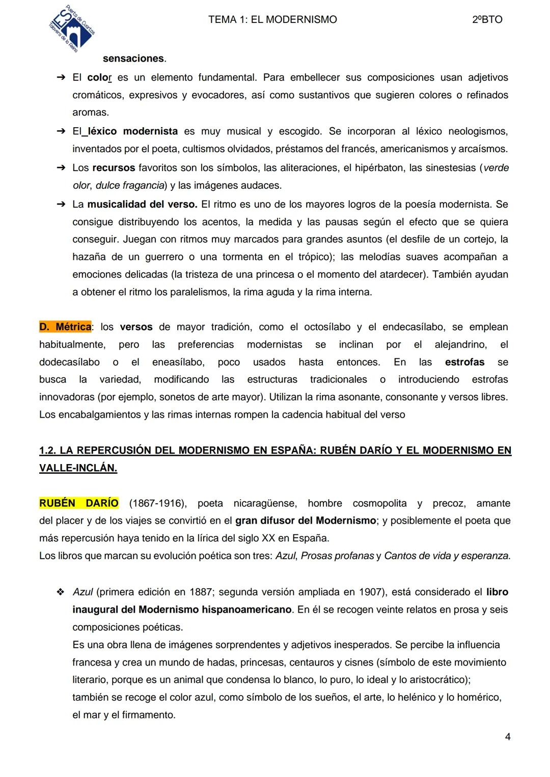 TEMA 1: EL MODERNISMO
2°BTO
TEMA 1: EL MODERNISMO. CARACTERÍSTICAS.
LA REPERCUSIÓN DE RUBÉN DARÍO Y EL MODERNISMO
EN ESPAÑA
1.1. EL MODERNIS