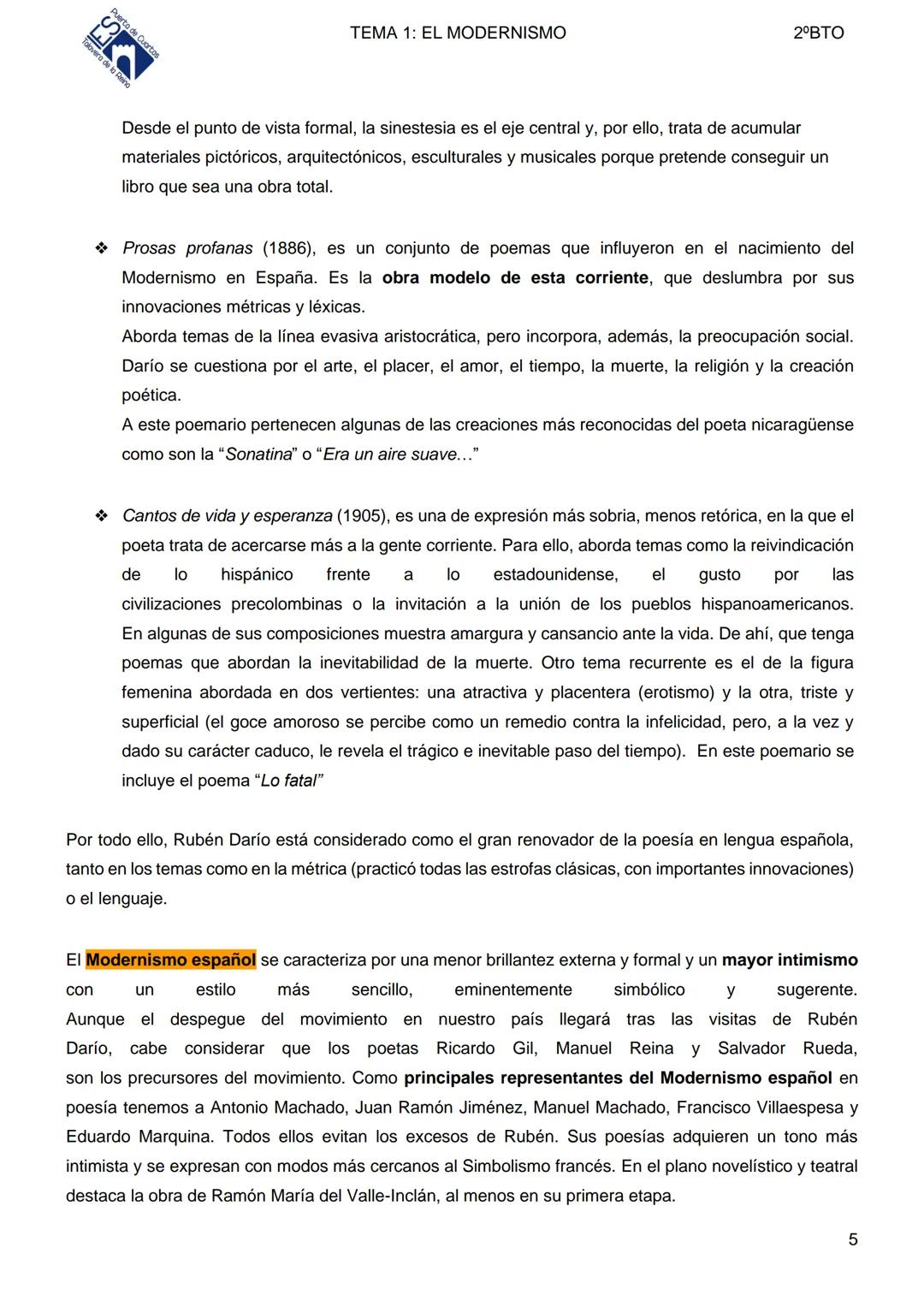 TEMA 1: EL MODERNISMO
2°BTO
TEMA 1: EL MODERNISMO. CARACTERÍSTICAS.
LA REPERCUSIÓN DE RUBÉN DARÍO Y EL MODERNISMO
EN ESPAÑA
1.1. EL MODERNIS