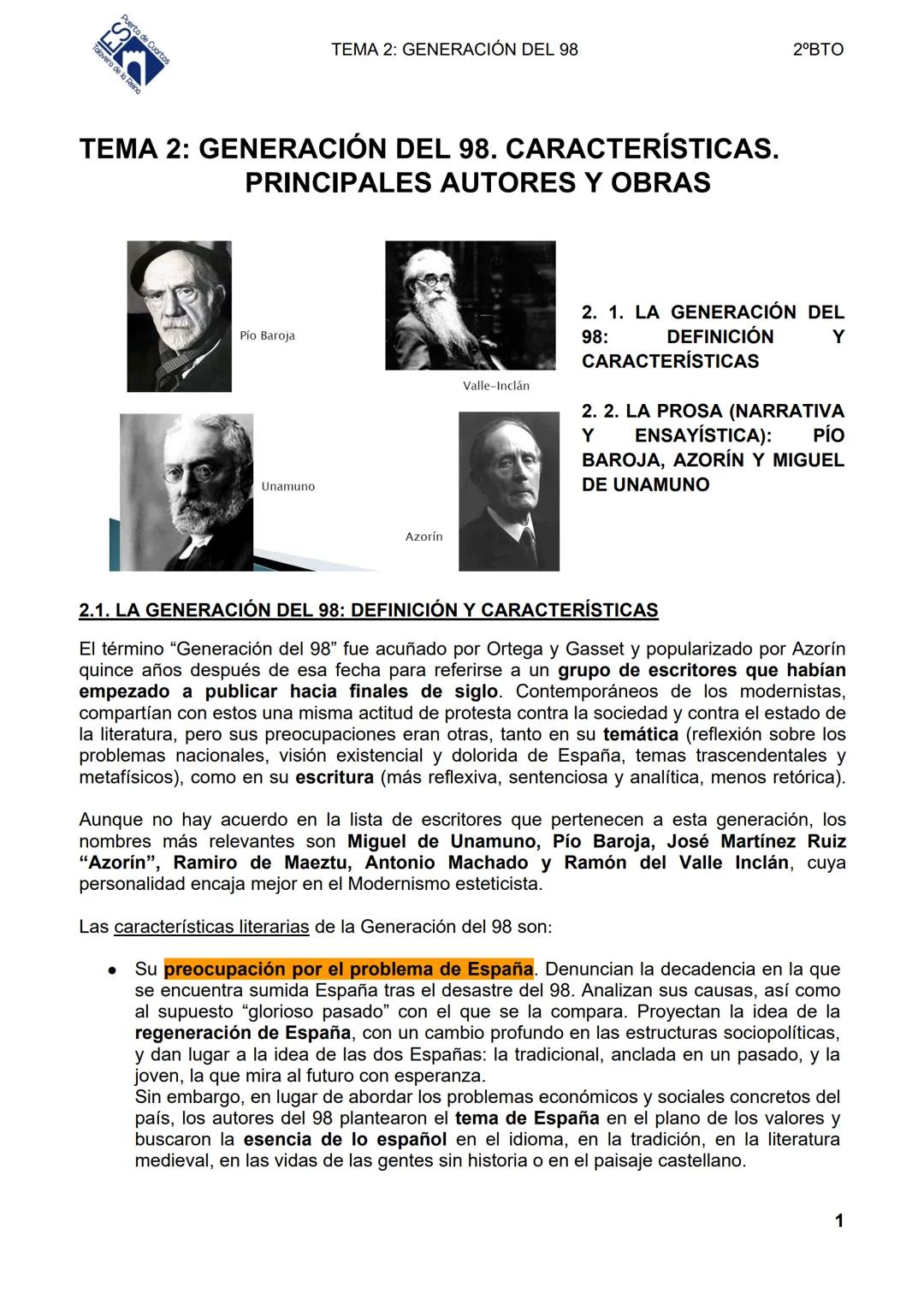 ## TEMA 2: GENERACIÓN DEL 98
## TEMA 2: GENERACIÓN DEL 98. CARACTERÍSTICAS.
PRINCIPALES AUTORES Y OBRAS
Pío Baroja
Unamuno
Azorín
Va