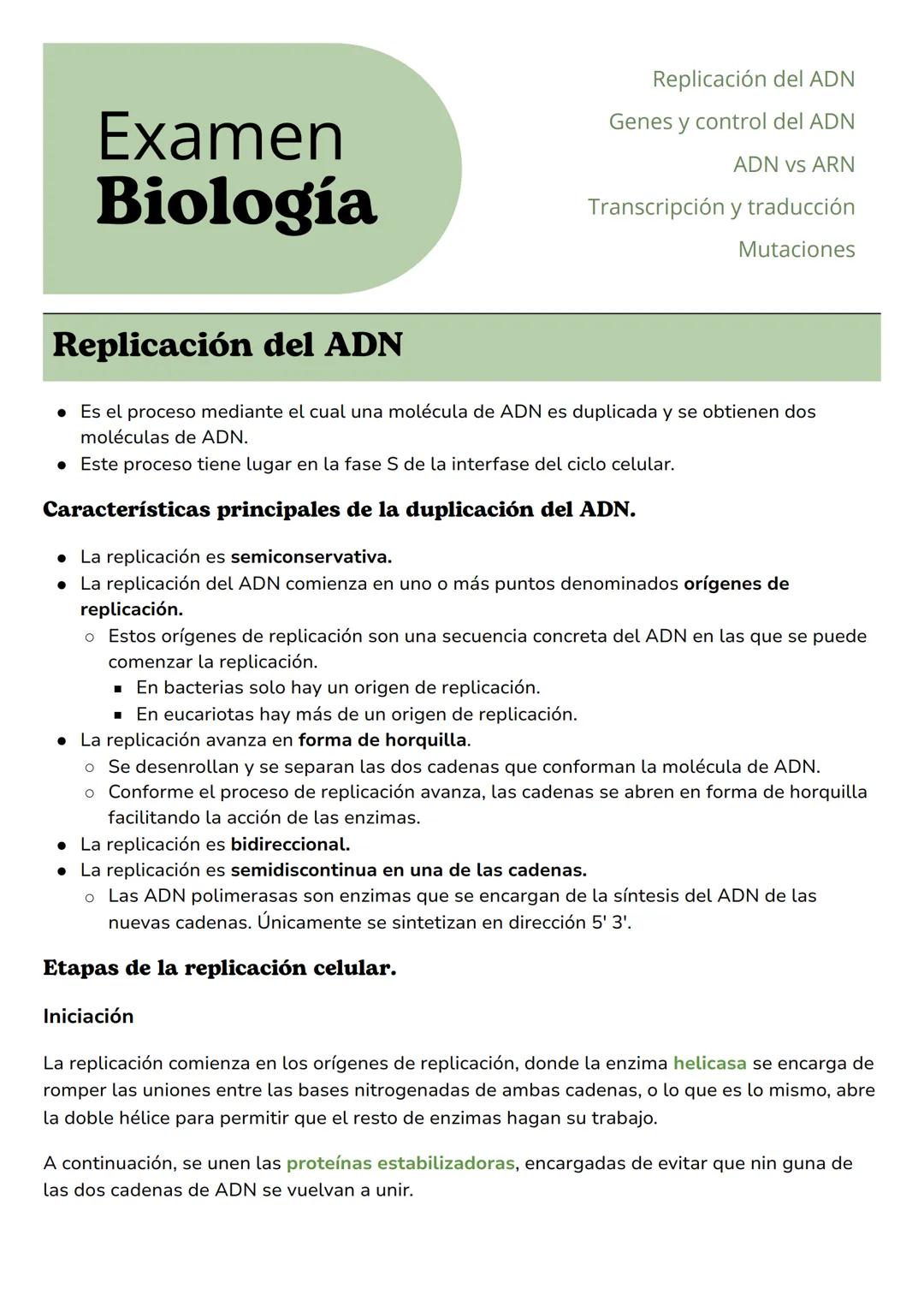 --- OCR Start ---
Examen
Biología
Replicación del ADN
Genes y control del ADN
ADN vs ARN
Transcripción y traducción
Mutaciones
Replicación d