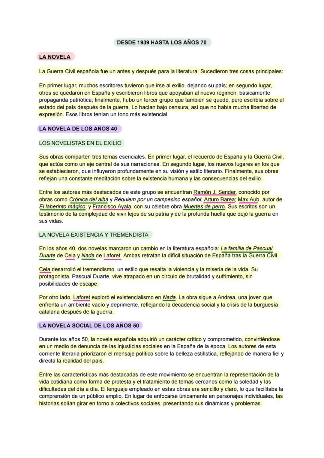 DESDE 1939 HASTA LOS AÑOS 70
LA NOVELA
La Guerra Civil española fue un antes y después para la literatura. Sucedieron tres cosas principales