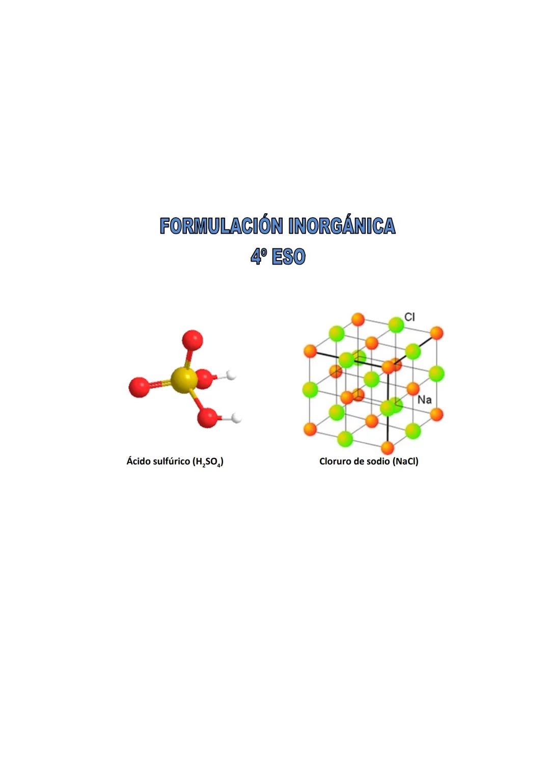 FORMULACIÓN INORGÁNICA
4º ESO
CI
Ácido sulfúrico (H₂SO₄)
Cloruro de sodio (NaCl)
Na Índice
Conceptos básicos.
1. Sustancias simples: element