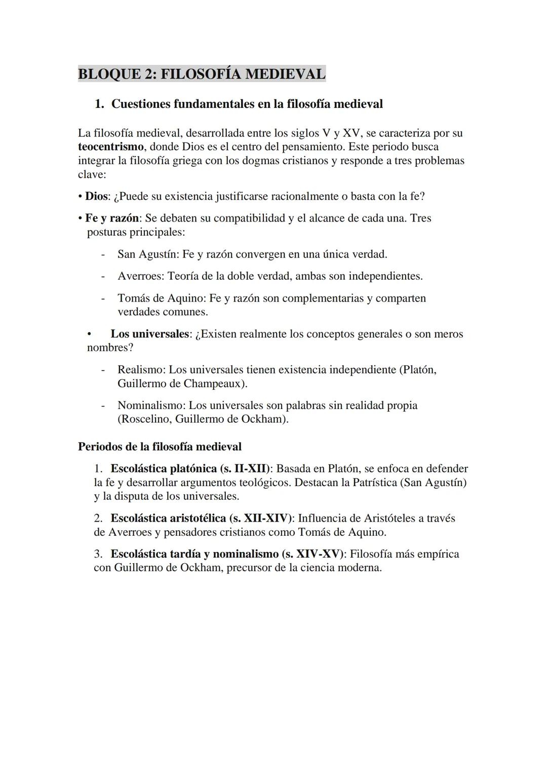 BLOQUE 2: FILOSOFÍA MEDIEVAL
1. Cuestiones fundamentales en la filosofía medieval
La filosofía medieval, desarrollada entre los siglos V y X