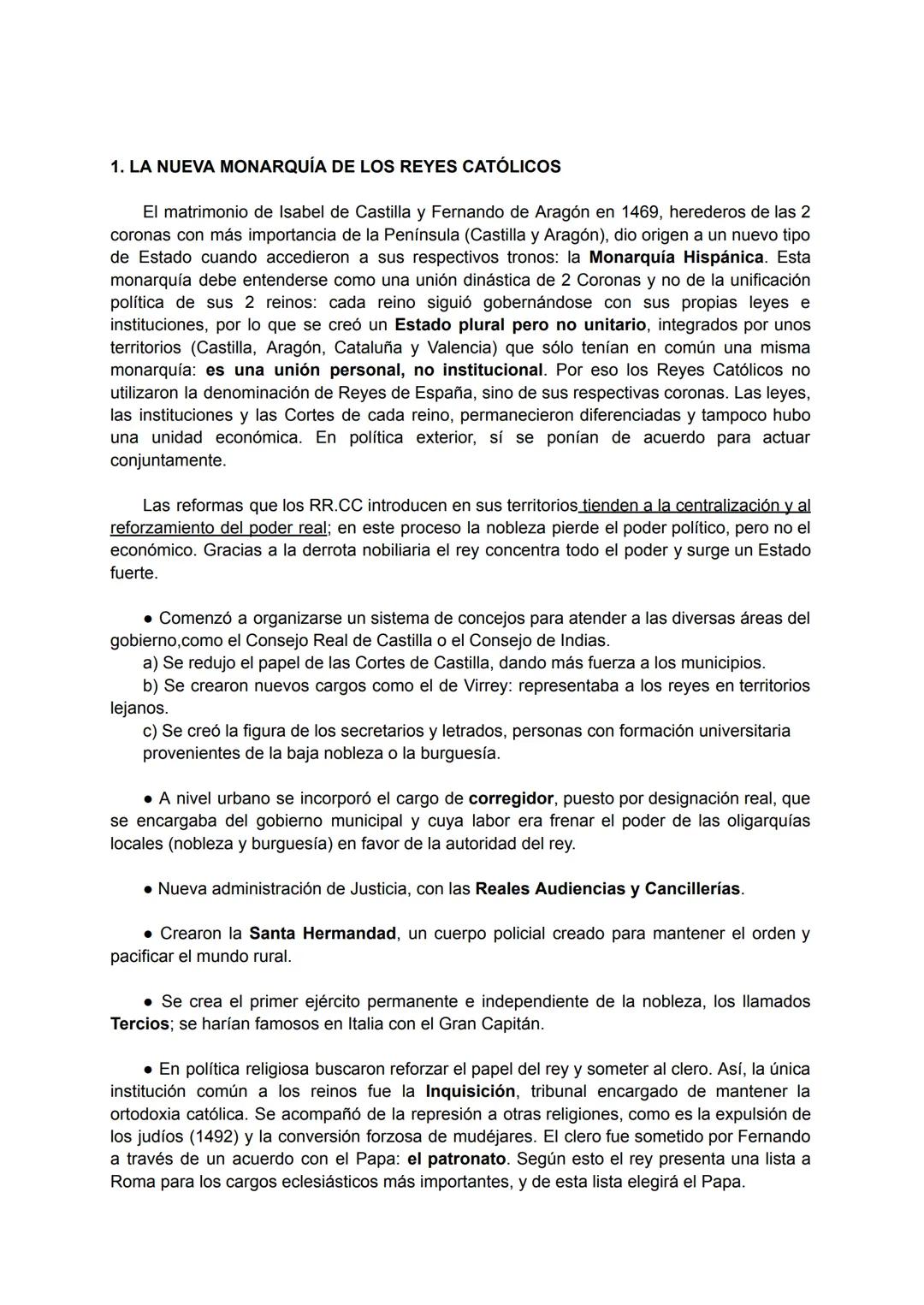 # PREGUNTAS 1-10 1. LA NUEVA MONARQUÍA DE LOS REYES CATÓLICOS
El matrimonio de Isabel de Castilla y Fernando de Aragón en 1469, herederos de
