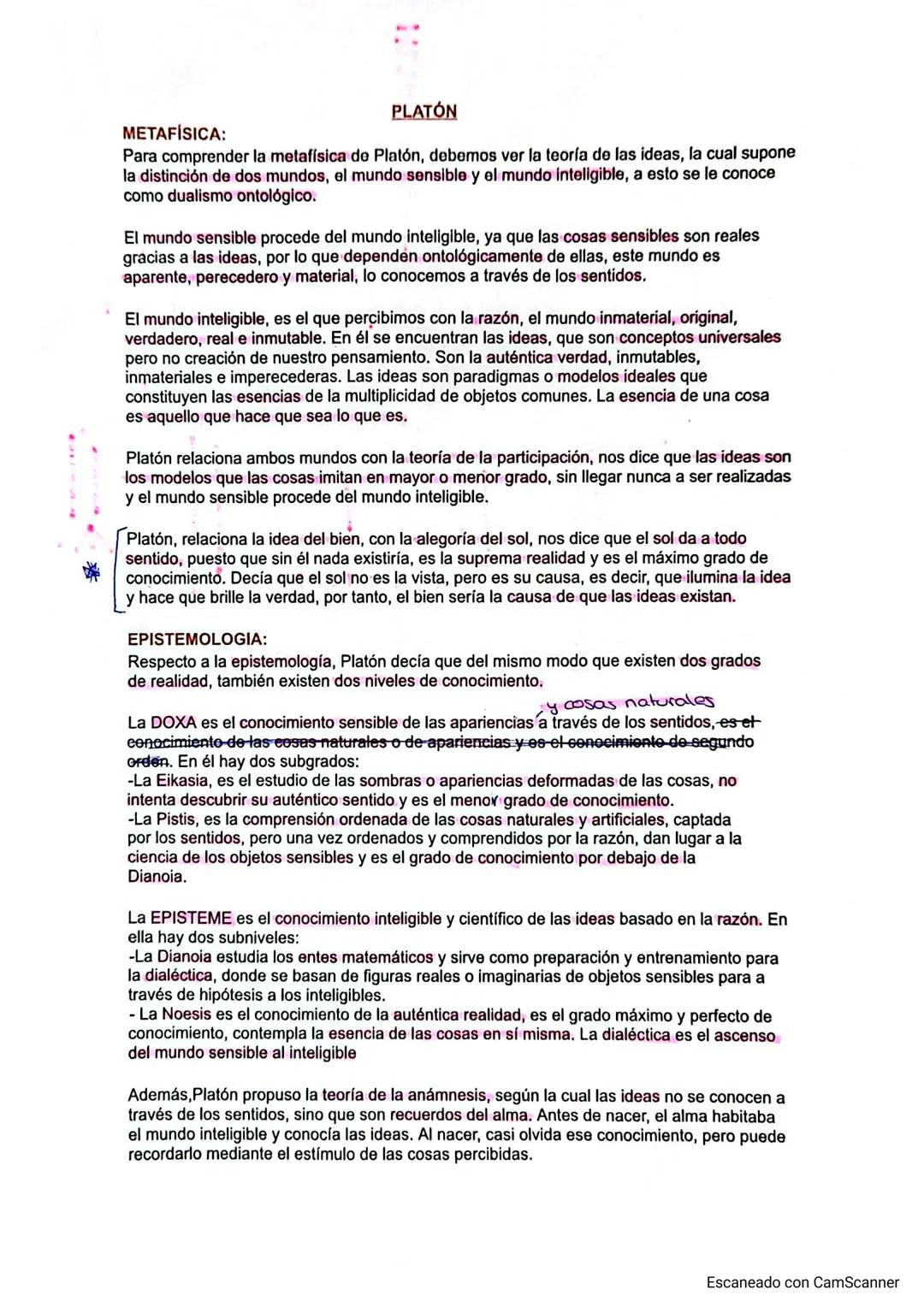 METAFÍSICA:
PLATÓN
Para comprender la metafísica de Platón, debemos ver la teoría de las ideas, la cual supone
la distinción de dos mundos,