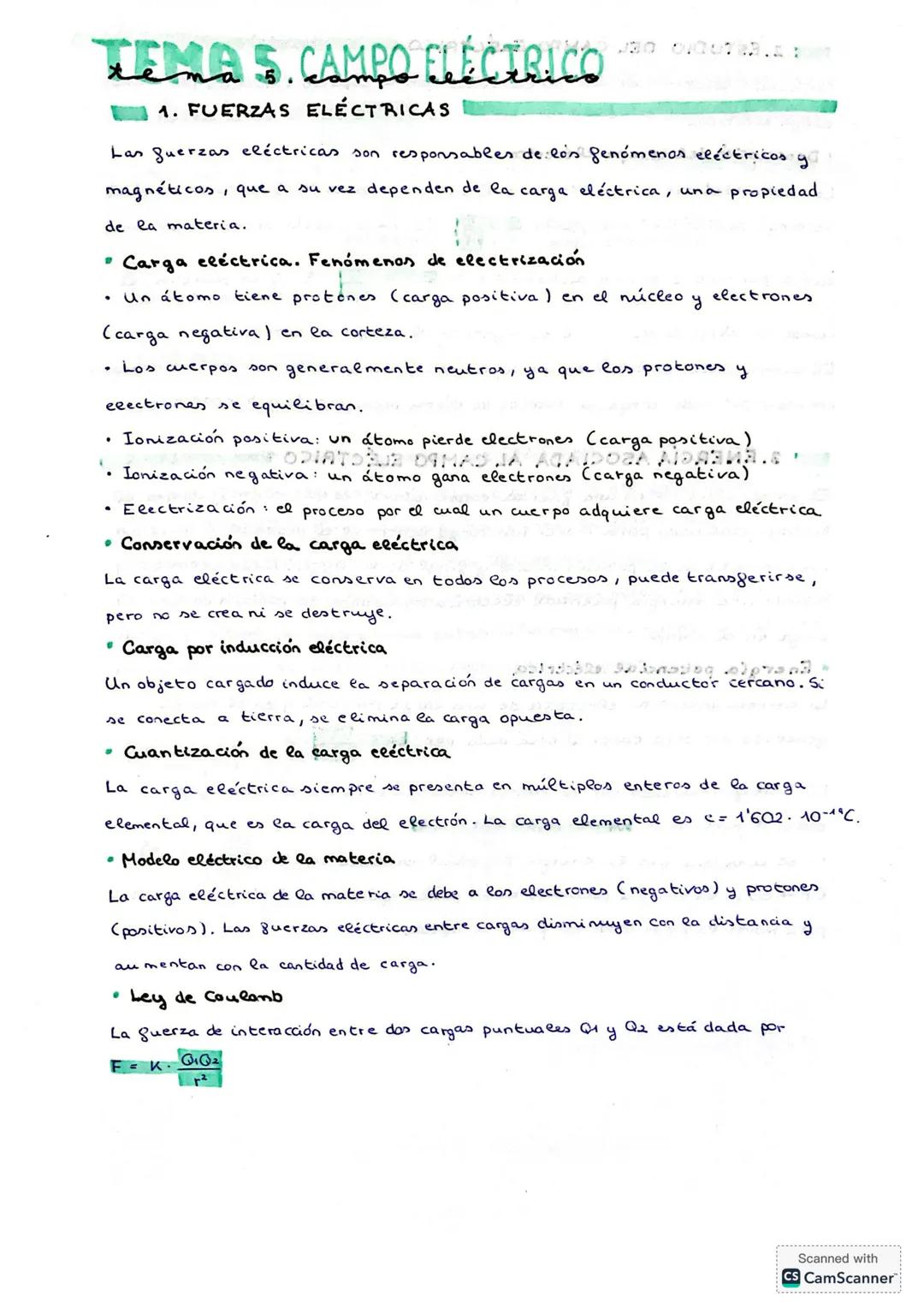 TEMA 5. CAMPO ELÉCTRICO
1. FUERZAS ELÉCTRICAS
Las fuerzas eléctricas son responsables de los fenómenos eléctricos y
magnéticos, que a su vez