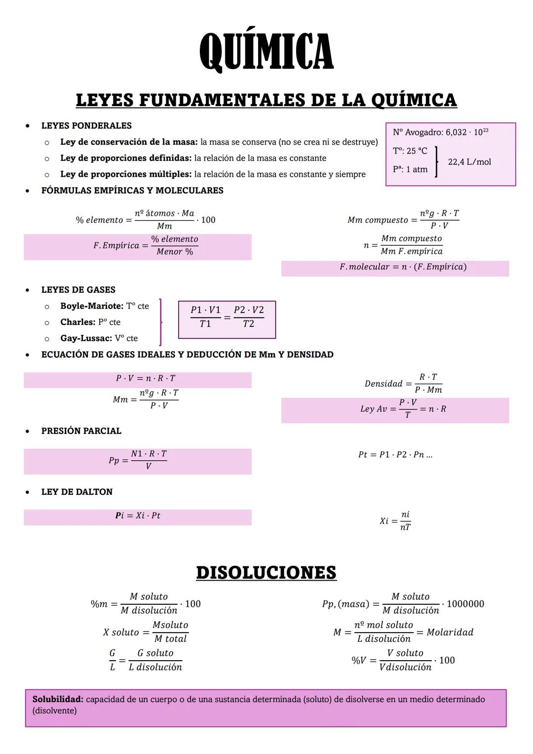 QUÍMICA
LEYES FUNDAMENTALES DE LA QUÍMICA
LEYES PONDERALES
• Ley de conservación de la masa: la masa se conserva (no se crea ni se destruye)