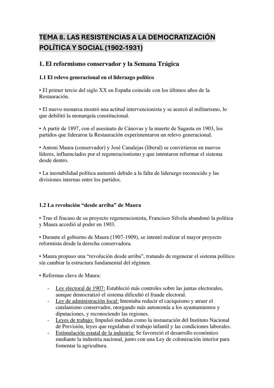 TEMA 8. LAS RESISTENCIAS A LA DEMOCRATIZACIÓN
POLÍTICA Y SOCIAL (1902-1931)
1. El reformismo conservador y la Semana Trágica
1.1 El relevo g