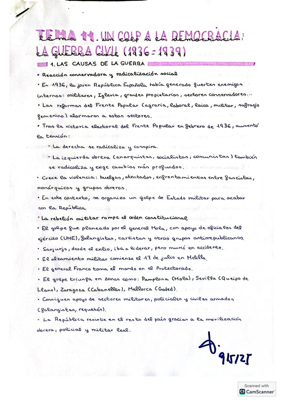# TEMA 11. UN GOLPE A LA DEMOCRACIA:
LA GUERRA CIVIL (1936 - 1939)
## 1. LAS CAUSAS DE LA GUERRA
* Reacción conservadora y radicalización