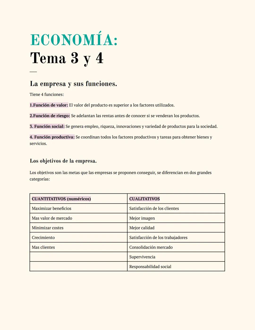 ECONOMÍA:
Tema 3 y 4
La empresa y sus funciones.
Tiene 4 funciones:
1.Función de valor: El valor del producto es superior a los factores uti