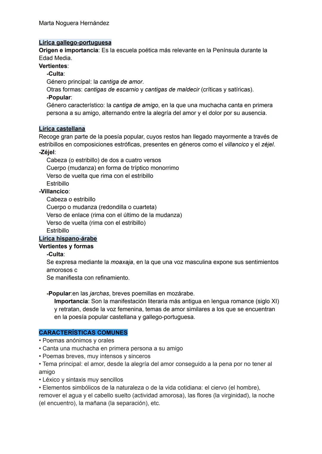 Marta Noguera Hernández
Literatura Medieval hasta el Siglo XIV
1. La Poesía Lírica
La poesía lírica medieval se divide en dos grandes vertie